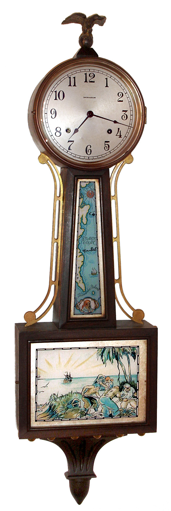 E. Ingraham, Bristol, Connecticut "Treasure" 8 day time and duplex strike (ding-dong) banjo clock, in a well proportioned hardwood case with mahogany finish, c1934 — Antique Clocks Price Guide