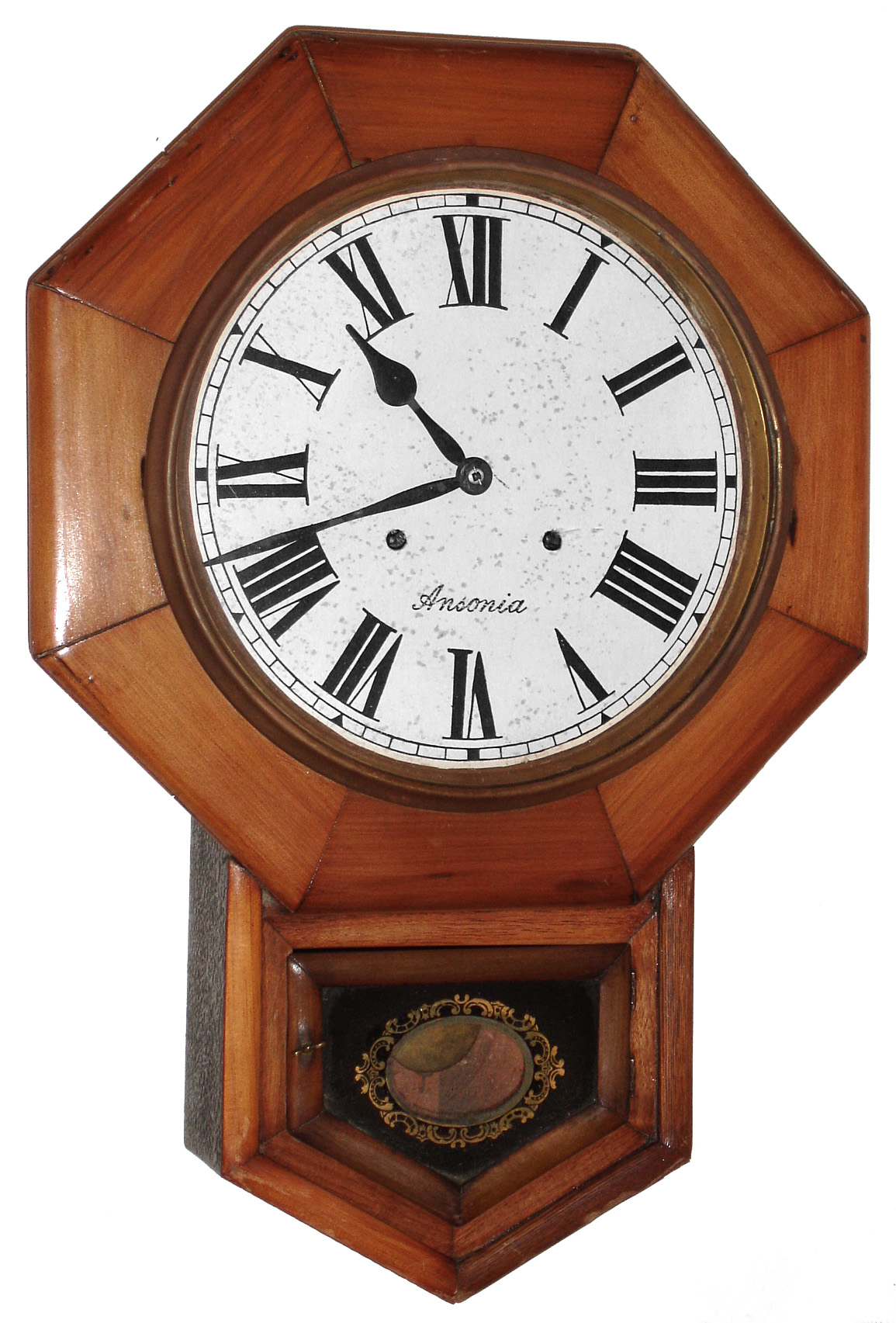 Ansonia Clock Co., New York, "Drop Octagon" oak 8 day time and strike school clock, c1901 — Antique Clocks Price Guide