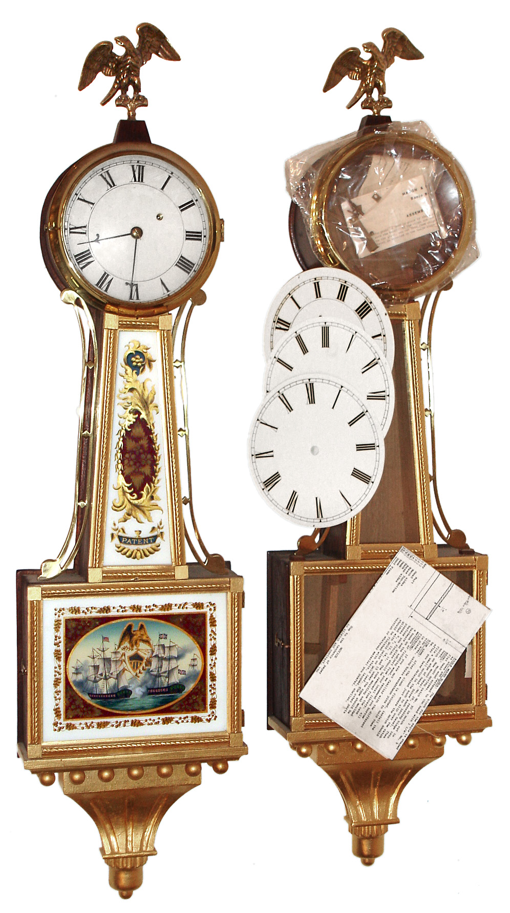 Mason and Sullivan kit reproduction "Willard" gold front 8 day weight driven banjo clock, c1980, with second partially built example. — Antique Clocks Price Guide