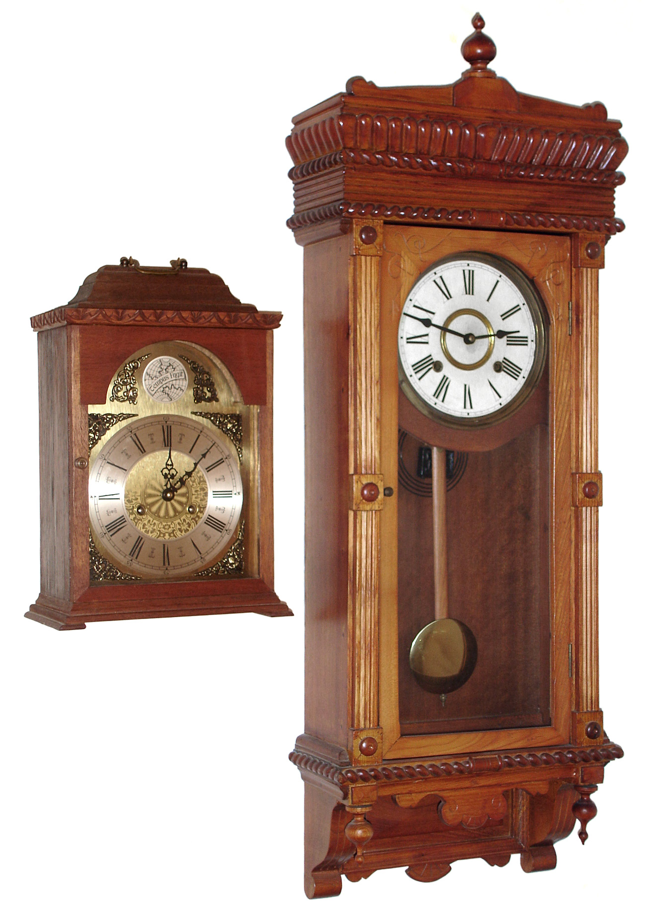 Clocks- 2 (Two) wood case 8 day time and strike reproductions, late 20th century — Antique Clocks Price Guide