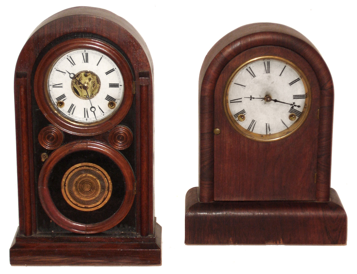 Clocks- 2 (Two) rosewood roundtop 8 day time and strike Connecticut Ingraham and Gilbert mantel clocks, later 19th century — Antique Clocks Price Guide