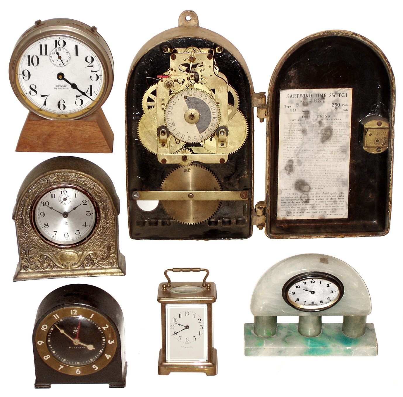 Clocks- 6 (Six) small clocks including A.Stowell, Boston, French carriage clock, alarm clocks, and a commercial time-switch. early 20th century — Antique Clocks Price Guide