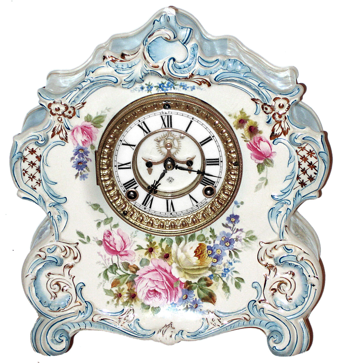 Ansonia Clock Co., New York, "La Vogue" 8 day time and strike porcelain mantel clock, c1901 — Antique Clocks Price Guide