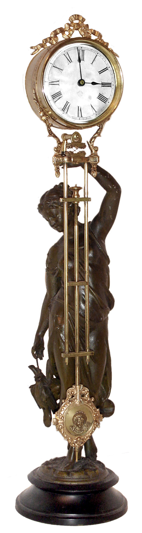 Ansonia Clock Co., New York, "Huntress Swing" 8 day figural mystery clock, c1883. — Antique Clocks Price Guide