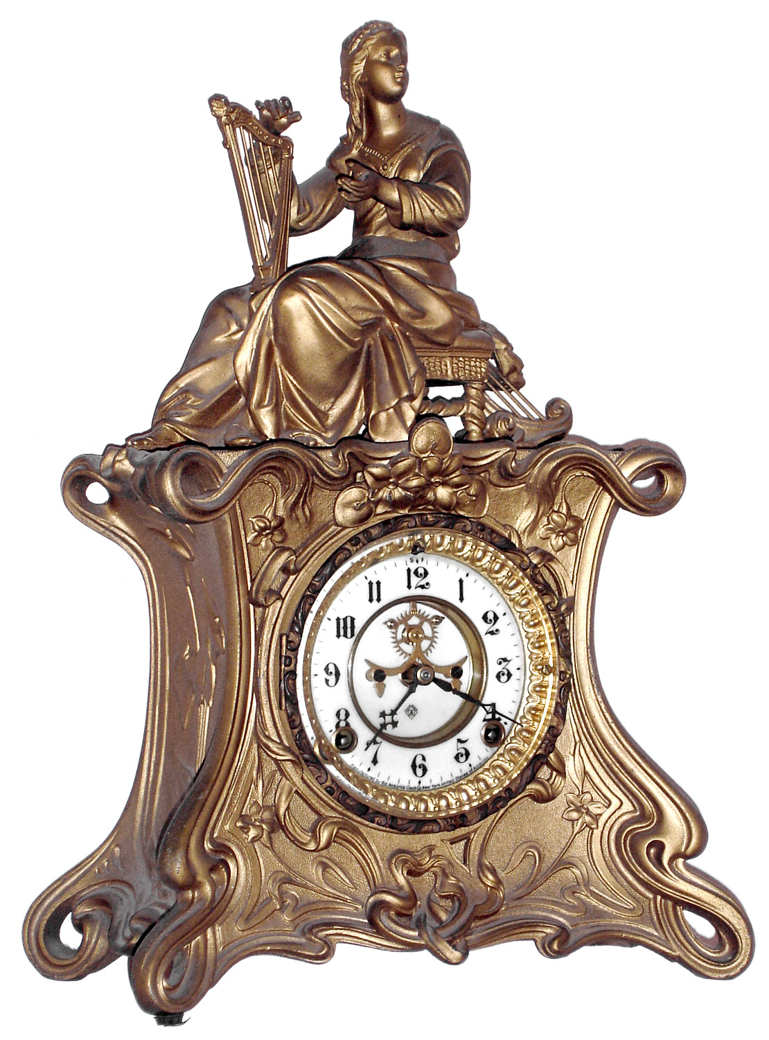 Ansonia Clock Co., New York, "Miranda Figure No. 1008" cast metal 8 day time and strike figural mantel clock, c1904 — Antique Clocks Price Guide