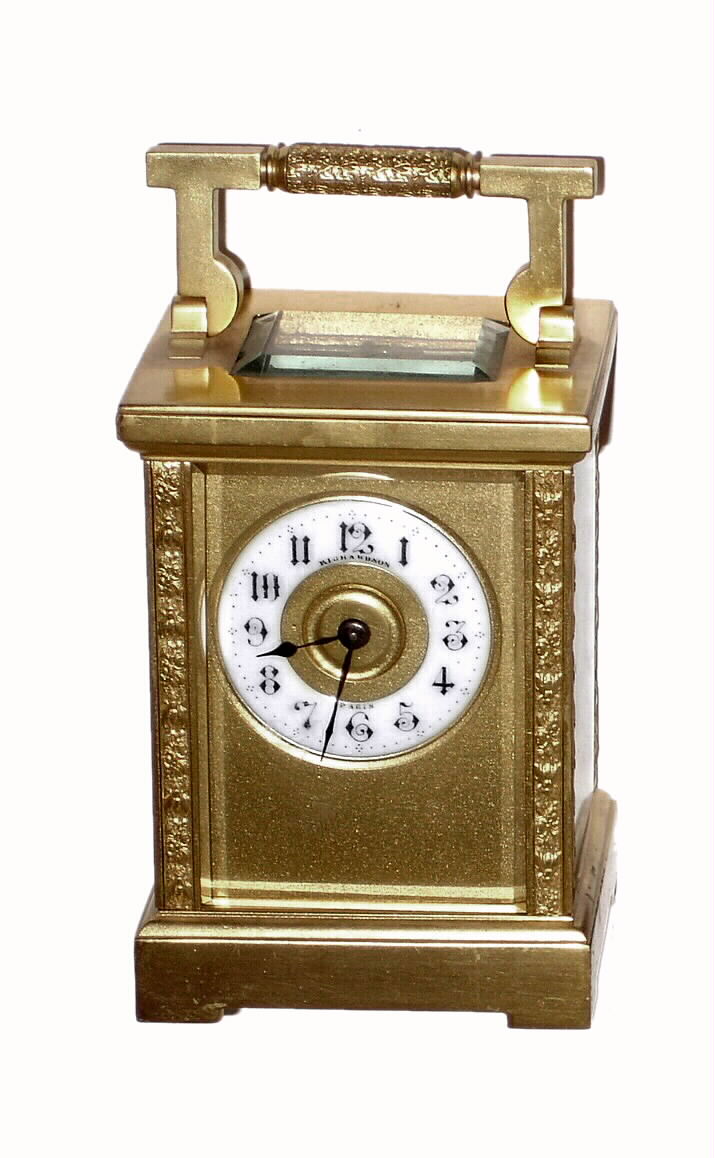 French 8 day time only carriage clock, smaller, English style, with carrying case, c1910 — Antique Clocks Price Guide