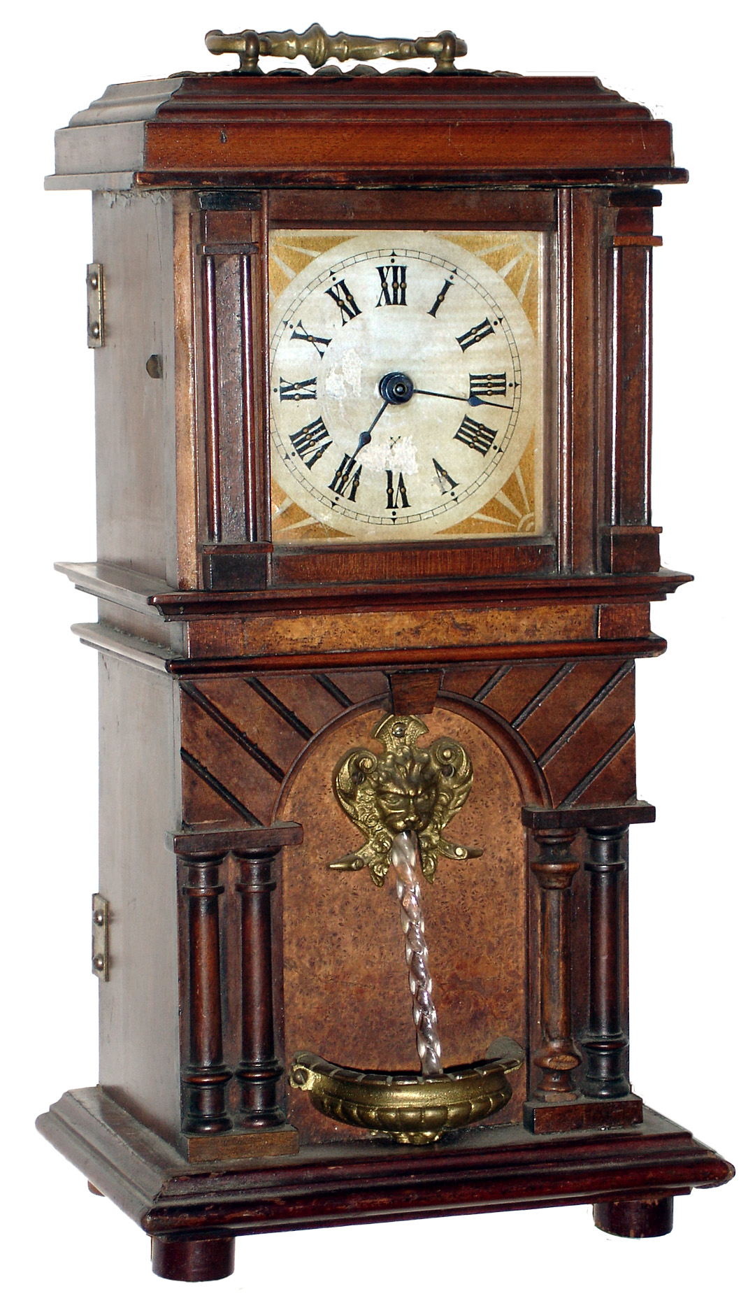 Hamburg American Clock Co., Germany, water fountain 30 hour walnut novelty mantel clock, c1900 — Antique Clocks Price Guide