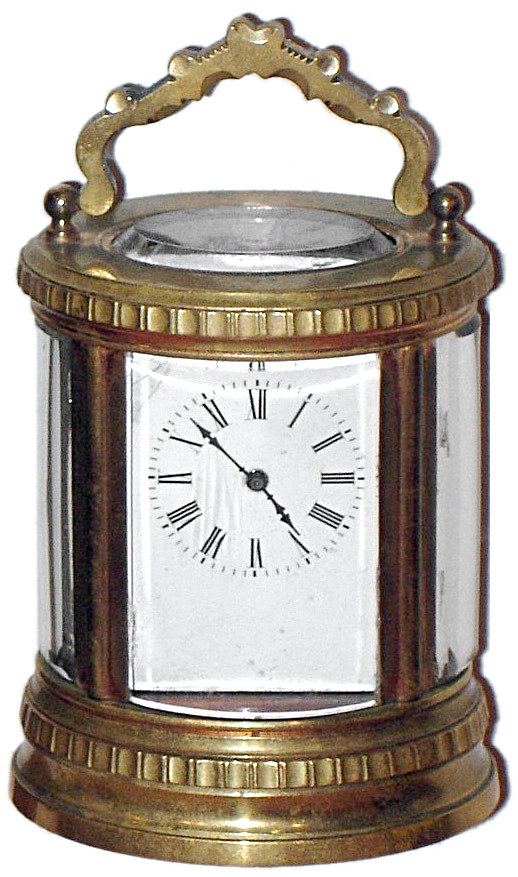 French miniature time only 8 day oval brass and glass carriage clock with travel case, c1900. — Antique Clocks Price Guide