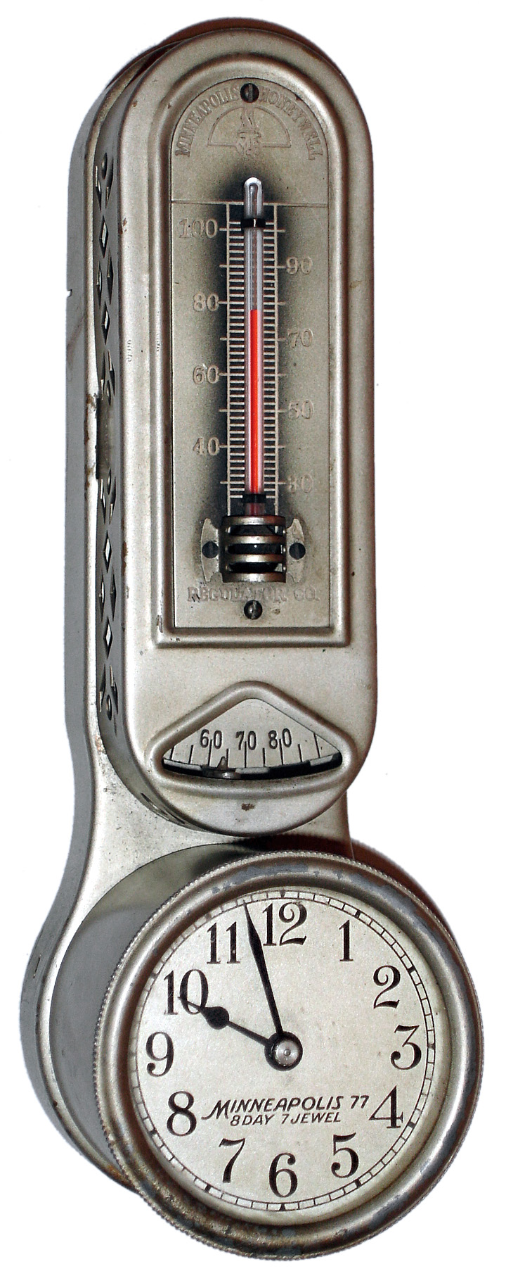 Minneapolis Honeywell 8 day 7 jewel thermostat clock and thermometer, c1930 — Antique Clocks Price Guide