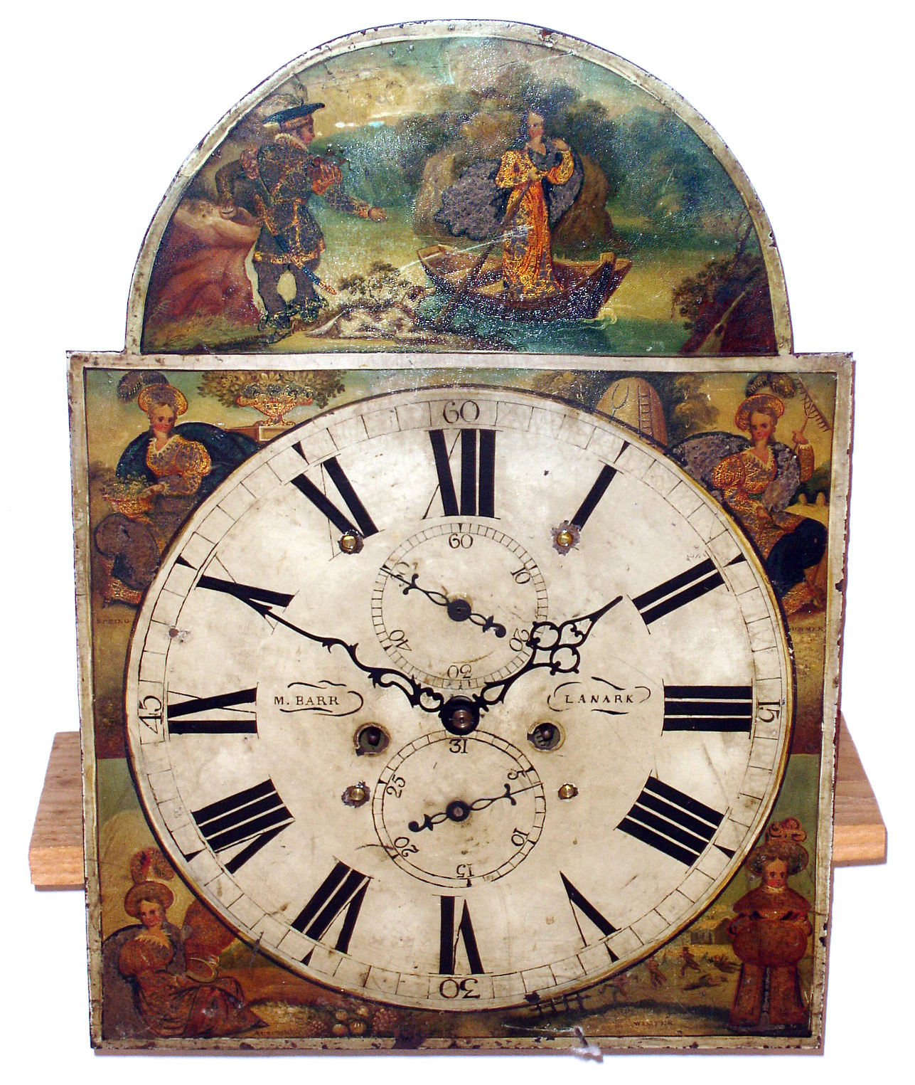 M.(Mark) Barr, Lanark, Scotland brass 8 day time and strike longcase clock movement, painted dial and pendulum, c1836 — Antique Clocks Price Guide