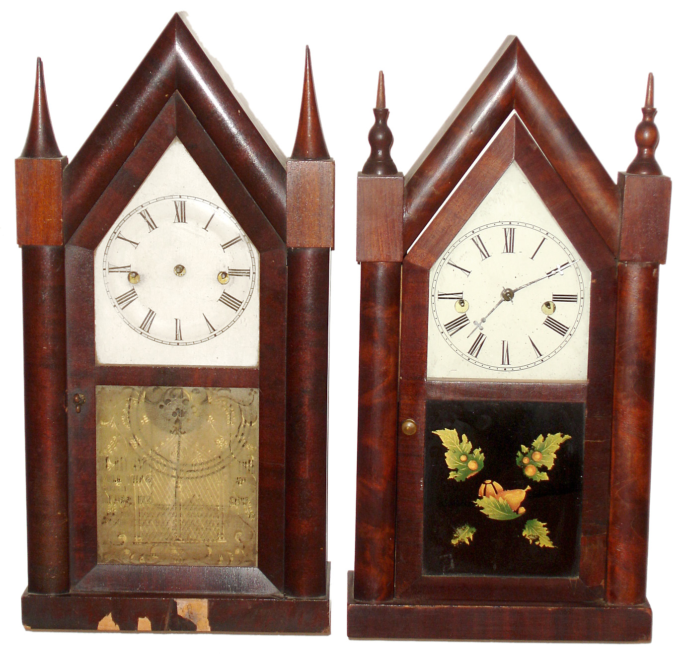 Clocks- 2 (Two) mahogany Connecticut 30 hour time and strike steeple clocks, Waterbury and Jerome, mid 19th century — Antique Clocks Price Guide