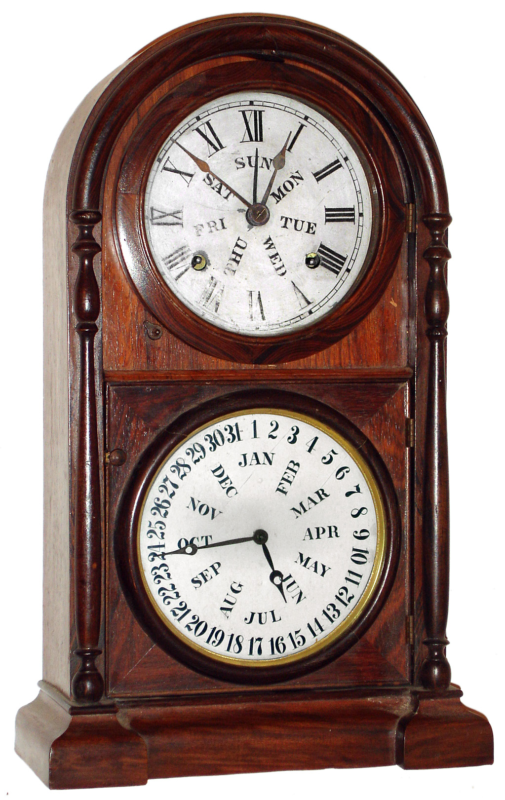 Welch, Spring and Co., Forestville, Conn. "Italian No. 3" 8 day time and strike double dial calendar shelf clock, with B. B. Lewis's patent calendar mechanism. c1870 — Antique Clocks Price Guide
