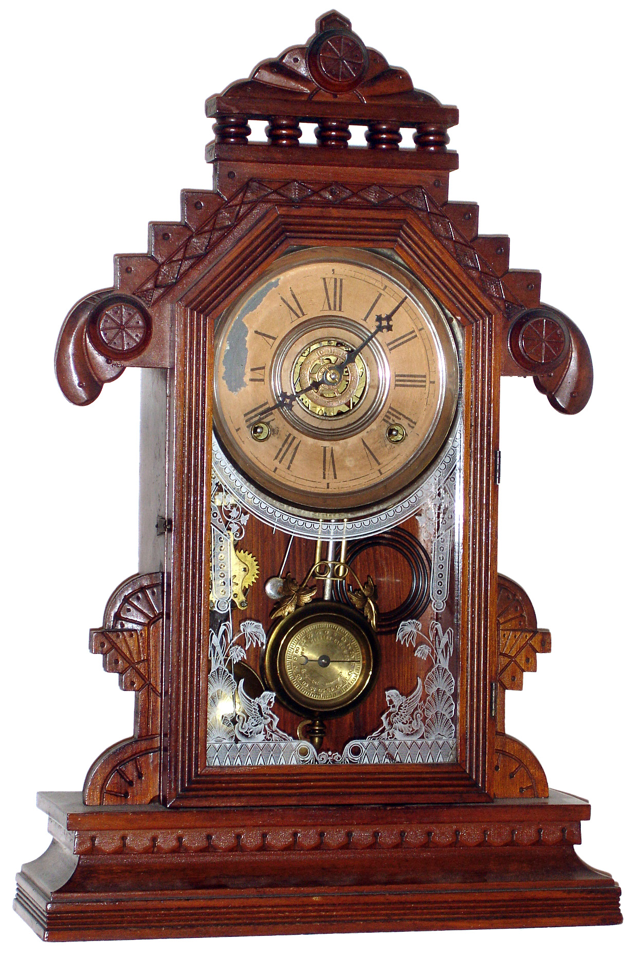 Gilbert Clock Co., Winsted, Conn, "Lebanon" walnut 8 day time, strike and alarm mantel clock, c1885 — Antique Clocks Price Guide