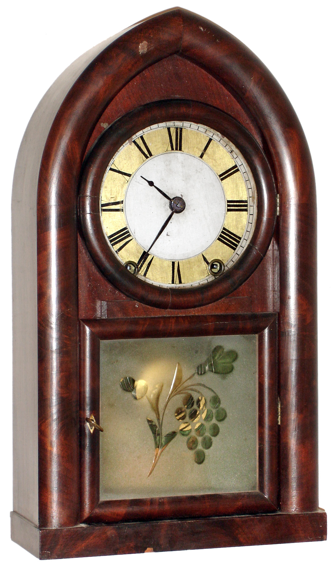 E. C. Brewster and Co., Bristol, Conn. 8 day time and strike mahogany iron backplate lyre gong beehive clock, c1841 — Antique Clocks Price Guide