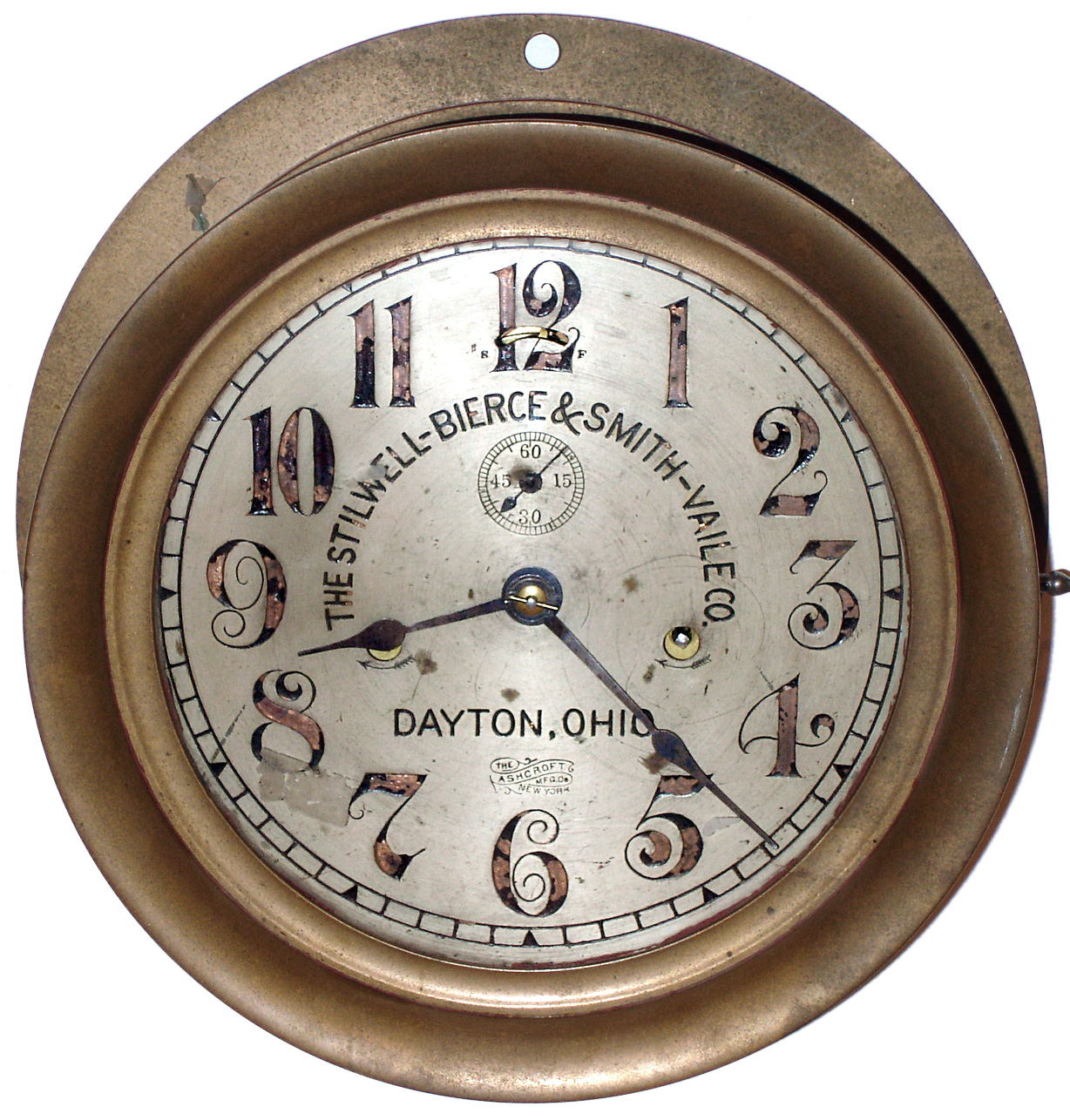 Seth Thomas Clock Co. / Ashcroft Mfg. Co. 8" dial 8 day time only boiler room brass wall clock, dial for The Stilwell-Bierce and Smith-Vaile Co., Dayton, Ohio, early 20th century — Antique Clocks Price Guide