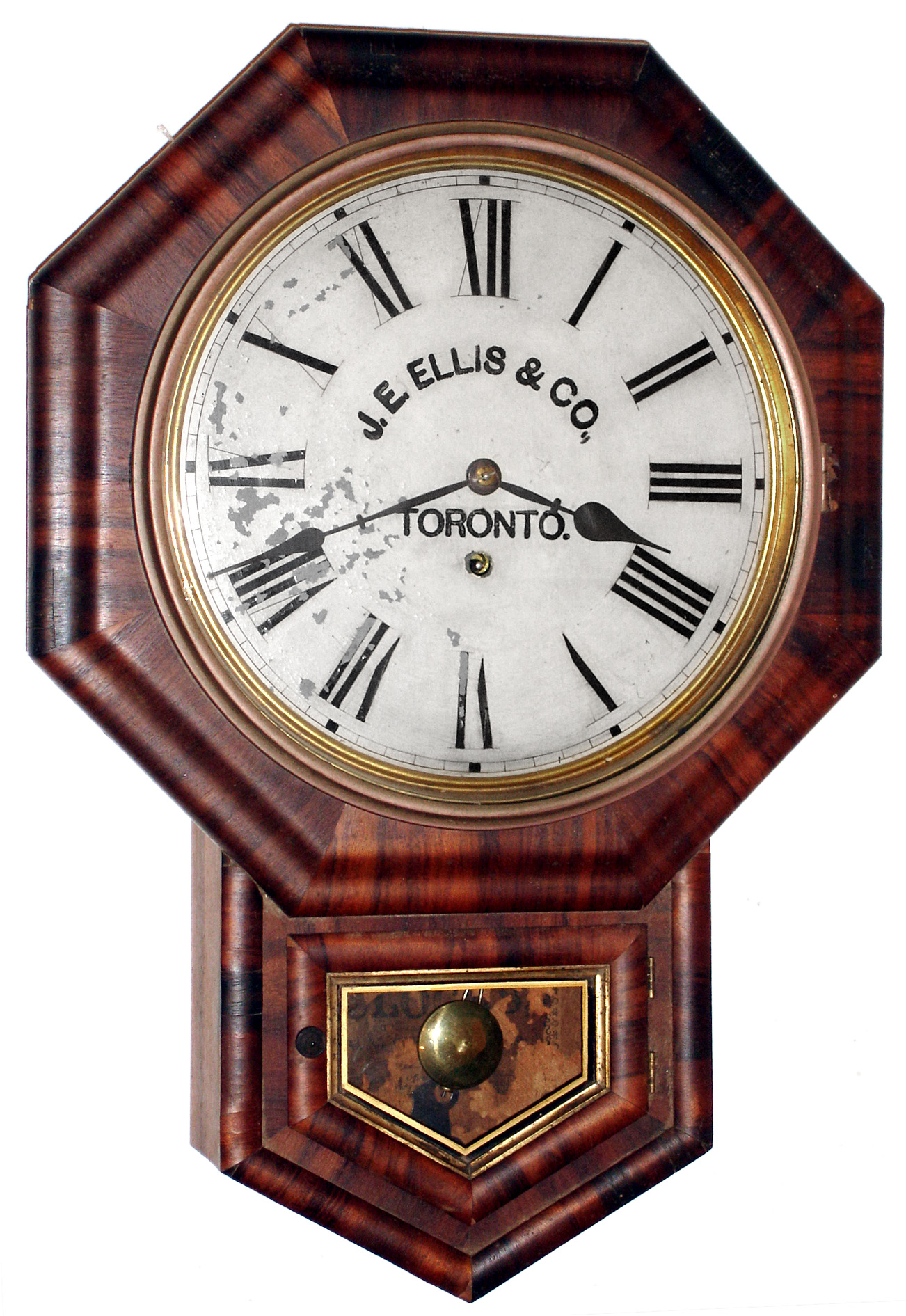 E. N. Welch Mfg. Co., Forestville, Conn. "No. 1 Drop Octagon" 8 day time only rosewood, short drop school clock, dial for J.E. Ellis and Co., Toronto, c1889 — Antique Clocks Price Guide