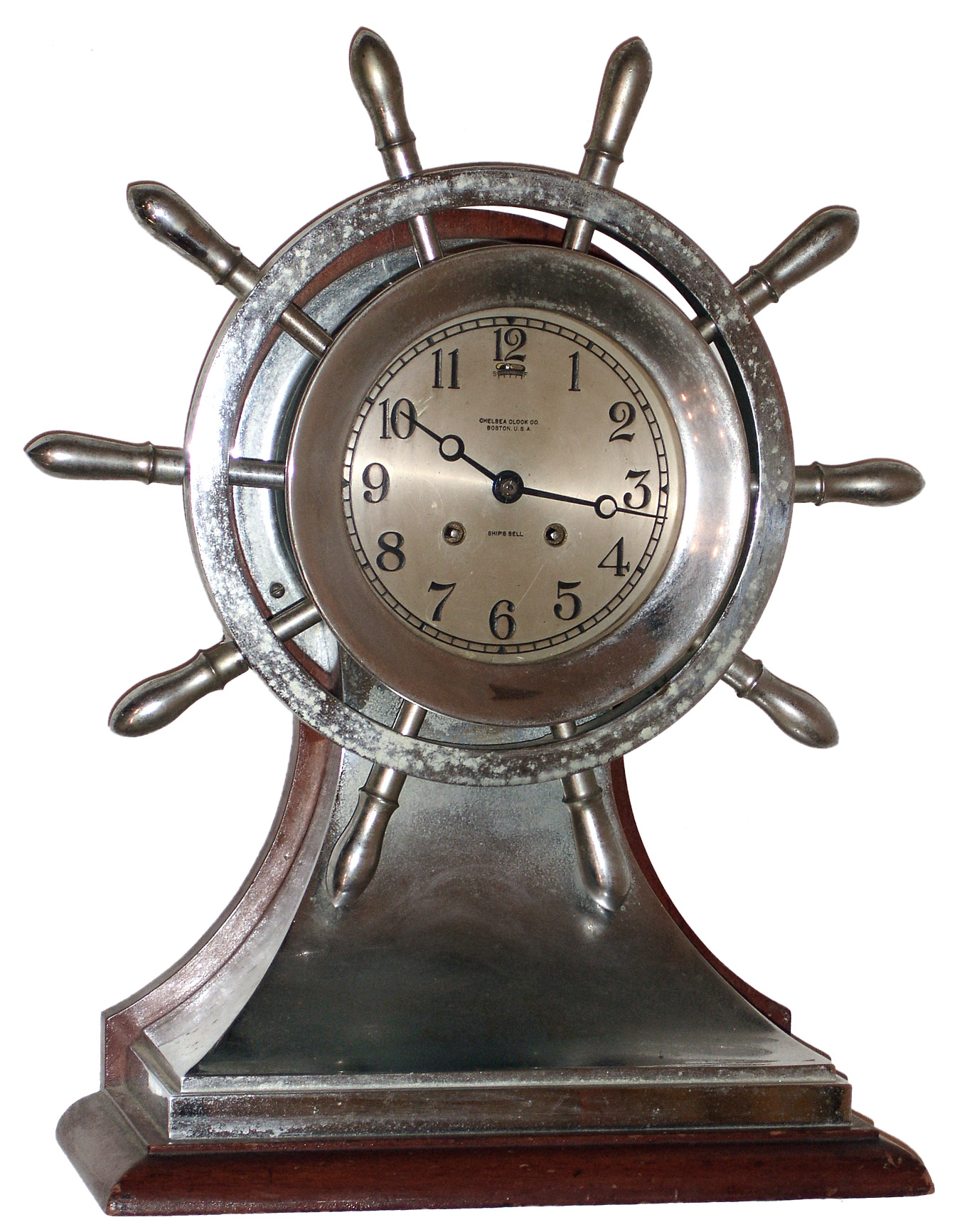 Chelsea Clock Co., Boston, Mass., "Mariner" 6" dial Yacht Wheel nickel plate and mahogany stand 8 day ship's bells marine clock, 1914 — Antique Clocks Price Guide