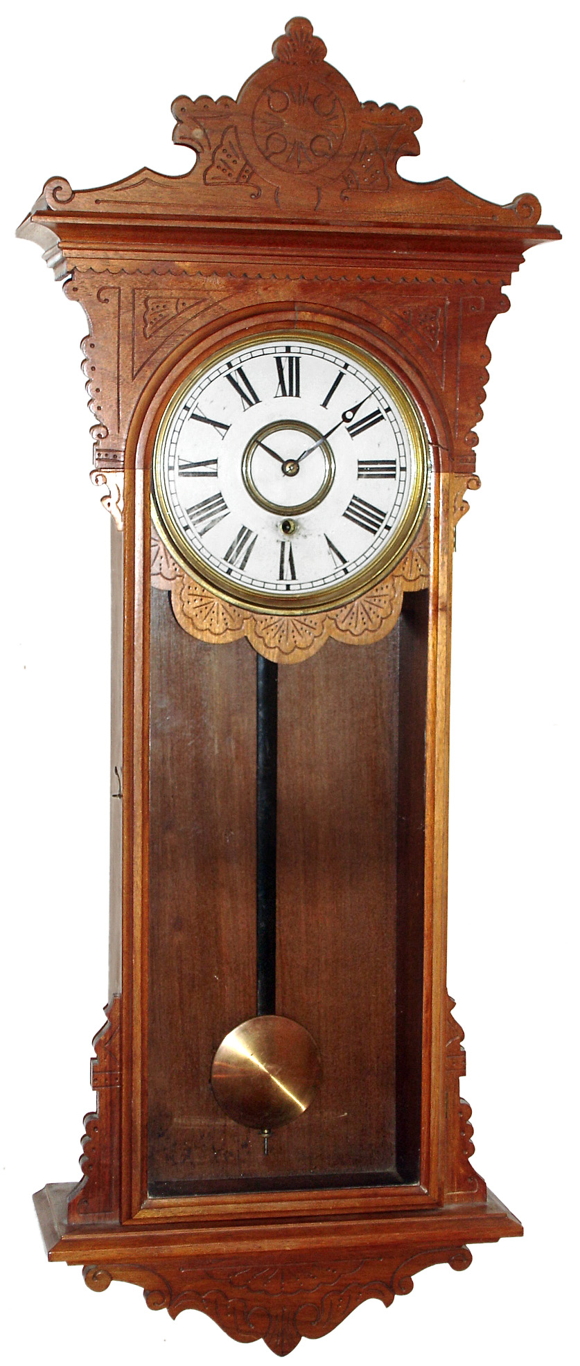 E.N. Welch Mfg. Co., Forestville, Conn., "Sembrich" walnut 8 day spring wound time only wall clock, c1890 — Antique Clocks Price Guide