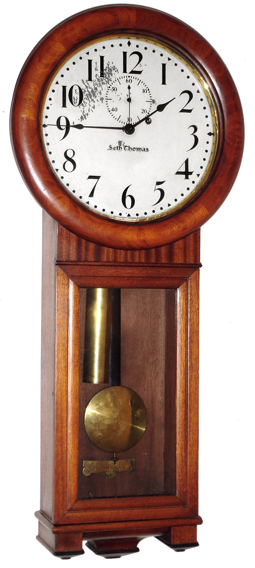 Seth Thomas Clock Co., Thomaston, Conn., "Regulator No. 2" mahogany 8 day weight driven time only wall clock, c1910 — Antique Clocks Price Guide
