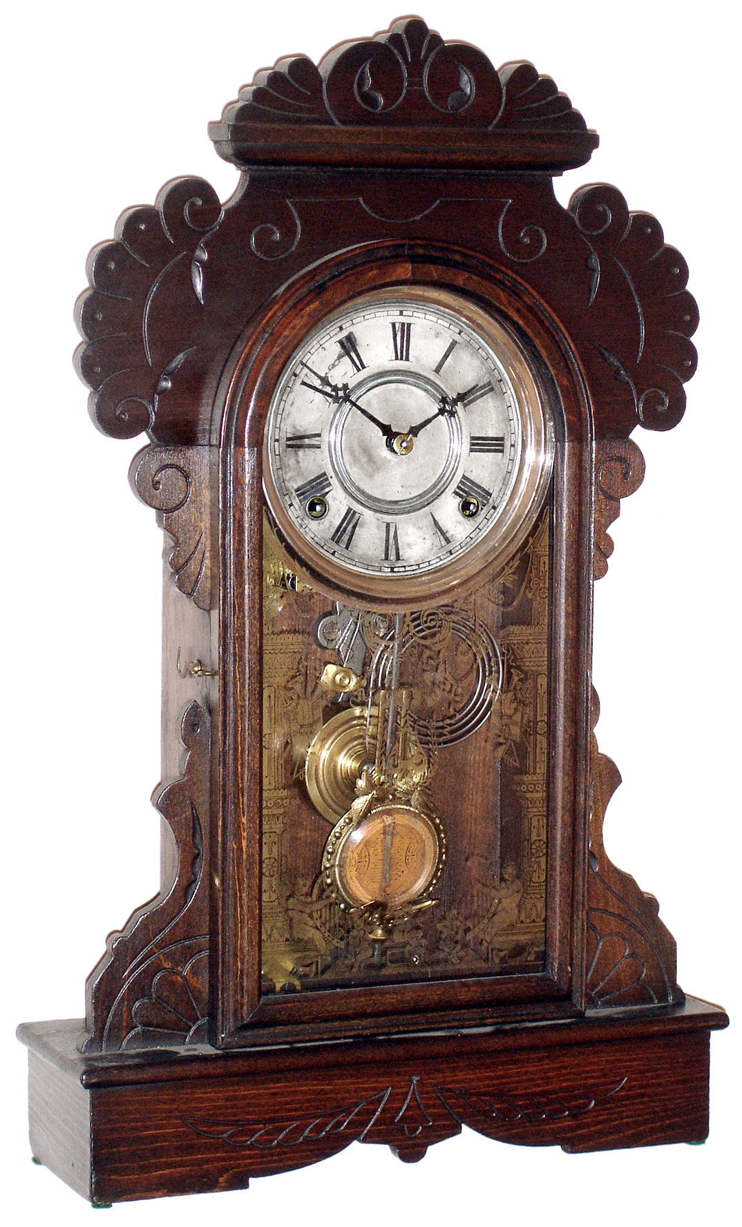 F. Kroeber, New York, "Talisman" walnut 8 day time and strike mantel clock, c1885 — Antique Clocks Price Guide