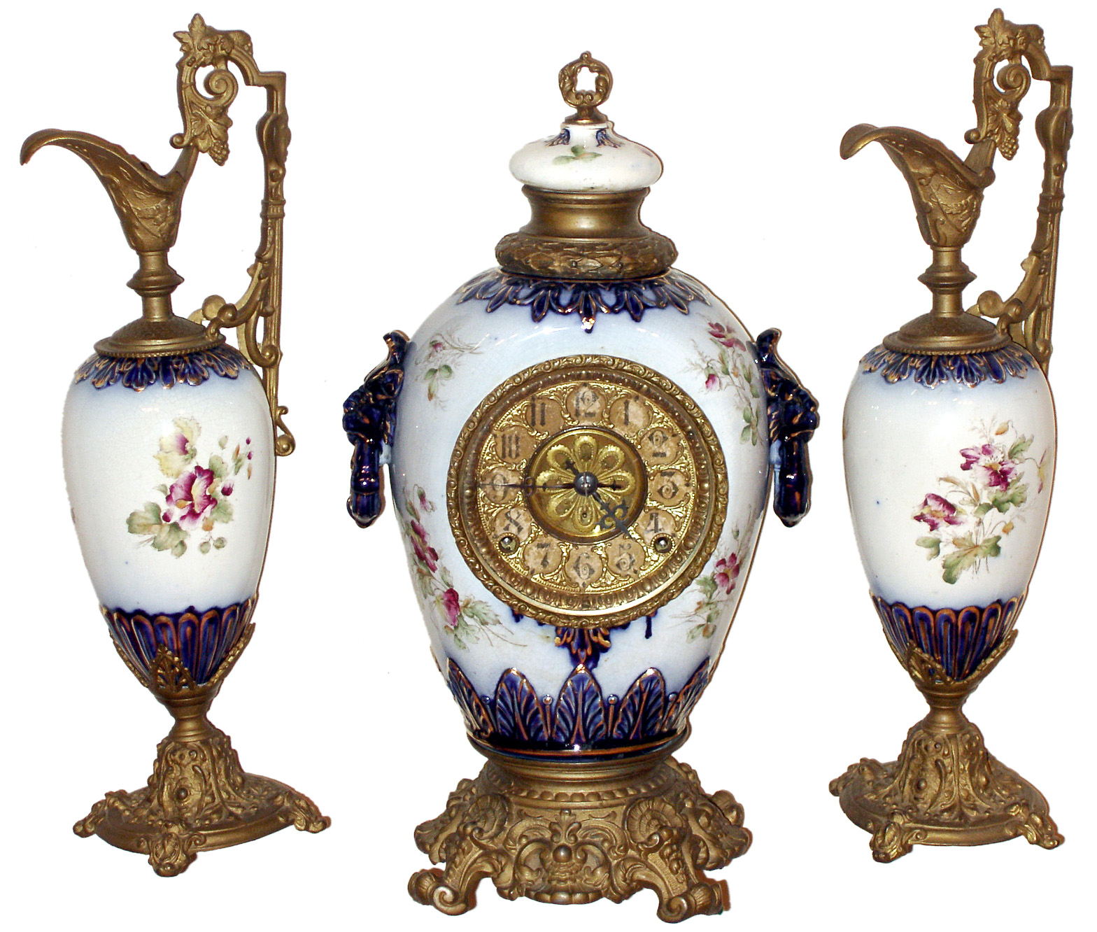 F. Kroeber, New York, "China Set No. 31" porcelain group with 8 day time and strike clock and two "Vase No. 3", c1898 — Antique Clocks Price Guide