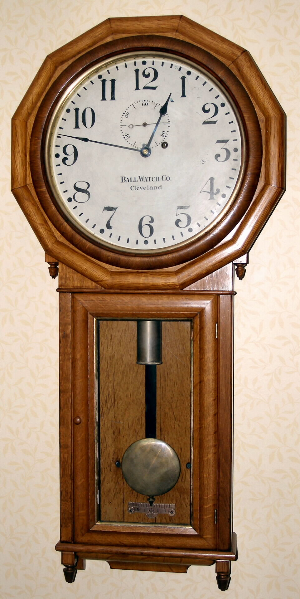 Seth Thomas, for Ball Watch Co., Cleveland, O., "REGULATOR No. 3" in oak, quality weight driven timepiece, 8 day, c1890 — Antique Clocks Price Guide