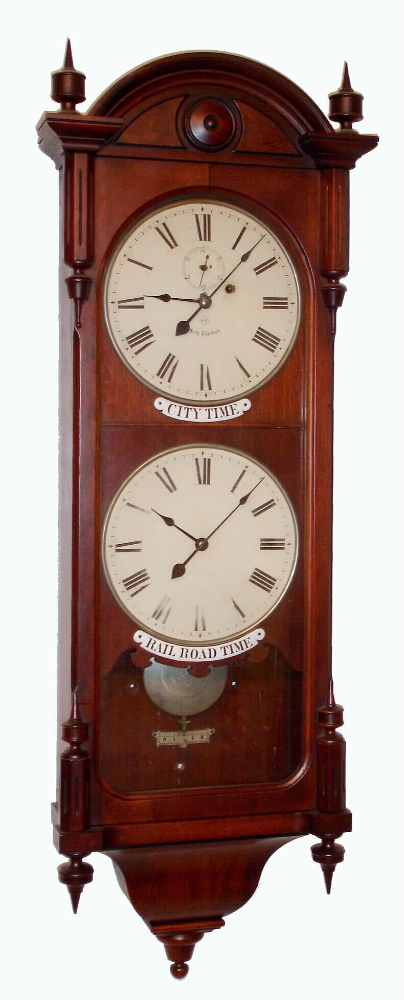 Seth Thomas Clock Co., Thomaston, Conn., "REGULATOR No. 6, DOUBLE TIME" in walnut, weight driven, 8 day, with nickeled bezels, weight and damasc pattern pendulum bob. This very clock is pictured in Tran Ly's 3rd Edition on Seth Thomas Clocks, page 284, c1884, shown as Wasserman collection item. — Antique Clocks Price Guide