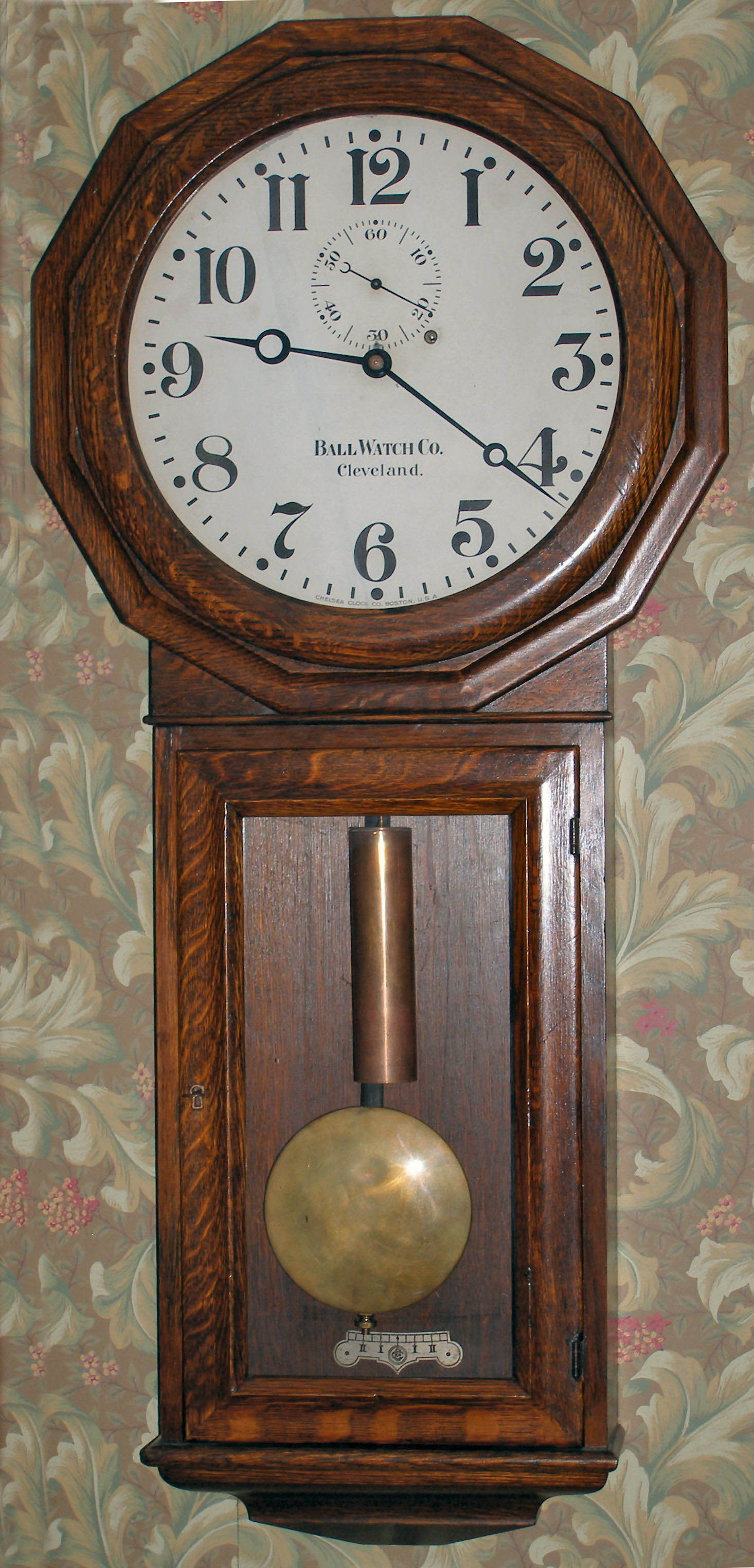 Chelsea for Ball Watch Co., Cleveland, large weight regulator, model 2Q, in an oak case of mostly solid oak, similar in style to the Seth Thomas #3, serial #163538, c1924, with Graham's dead beat escapement and maintaining power, from the Wasserman collection. — Antique Clocks Price Guide
