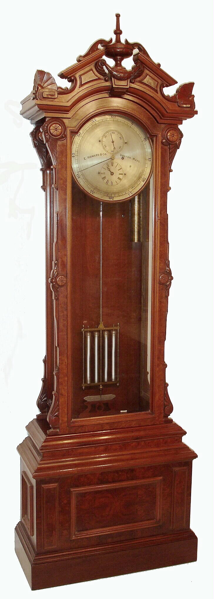 E. Howard and Co., Boston, "REGULATOR No. 61", Astronomical standing timepiece, weight driven, 8 day, with 4-jar mercurial pendulum, silvered 14" dial with center minutes and subsidiary hours and seconds, c1890 — Antique Clocks Price Guide
