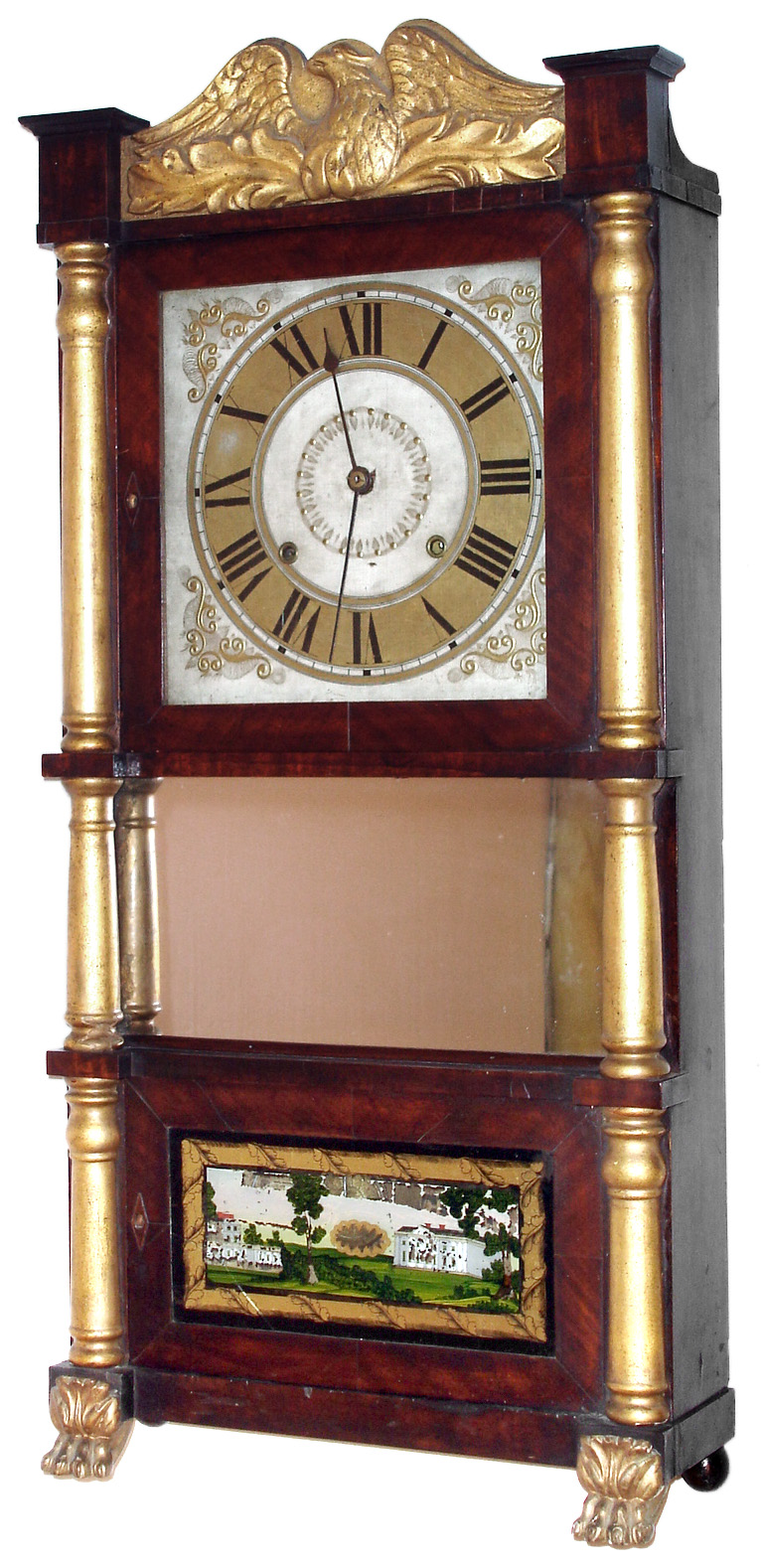 John Birge for George Mitchell, Bristol, Conn., 8 day time and strike strap brass movement triple decker shelf clock, c1831 — Antique Clocks Price Guide