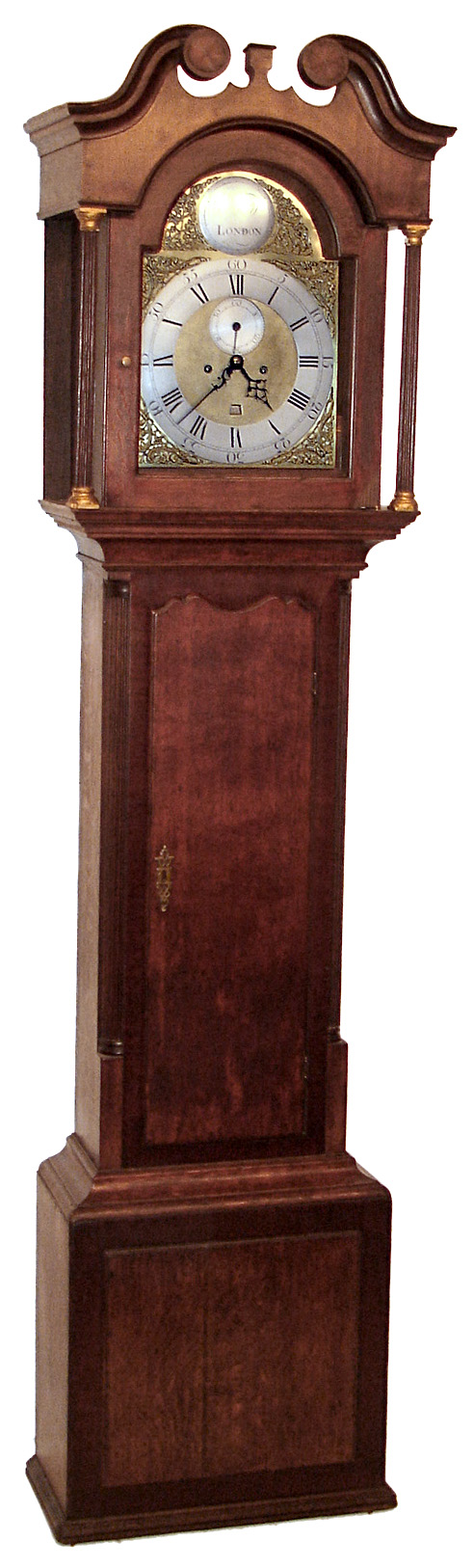 Thomas Wagstaffe, London, 8 day time and strike with calendar composite brass 12" dial tall clock. Wagstaffe was a Quaker who frequently supplied movements to his fellow American Quakers who had them cased in Philadelphia or Newport, movement c1770, case probably c1810. — Antique Clocks Price Guide
