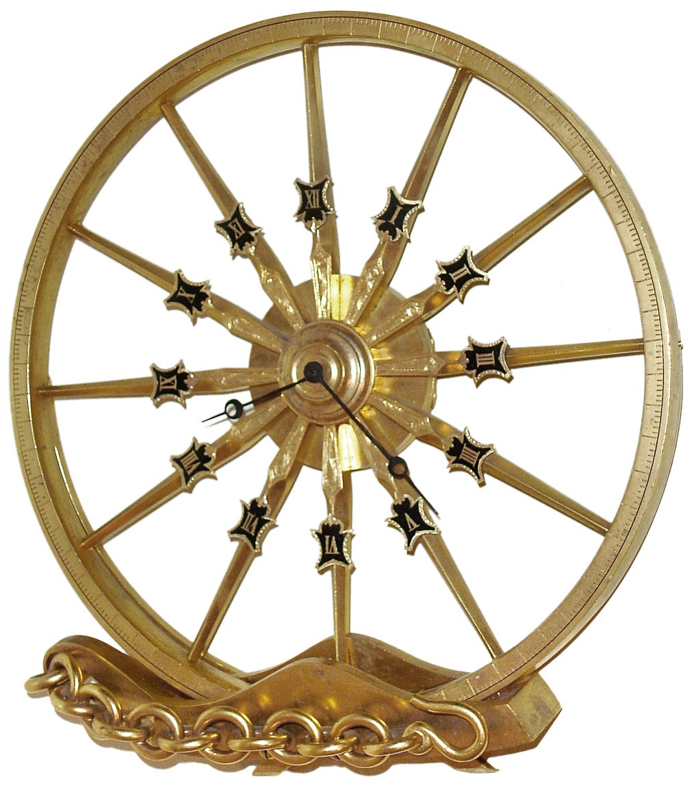 French, Gilt bronze wheel form table or desk timepiece run by a lever escapement watch movement, c1900. — Antique Clocks Price Guide