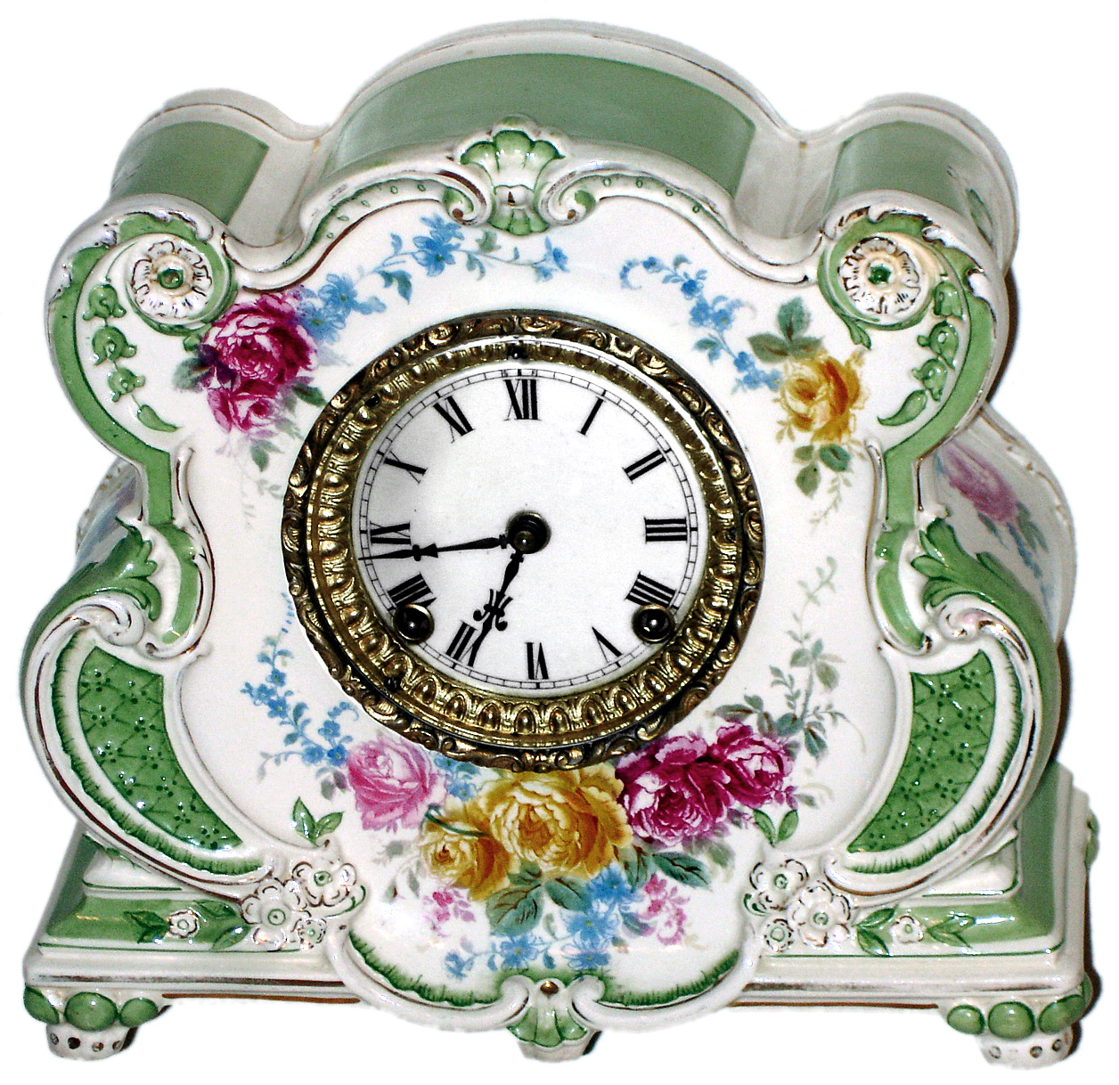 Ansonia Clock Co., New York, Royal Bonn "La Somme" 8 day time and strike porcelain mantel clock, c1900 — Antique Clocks Price Guide