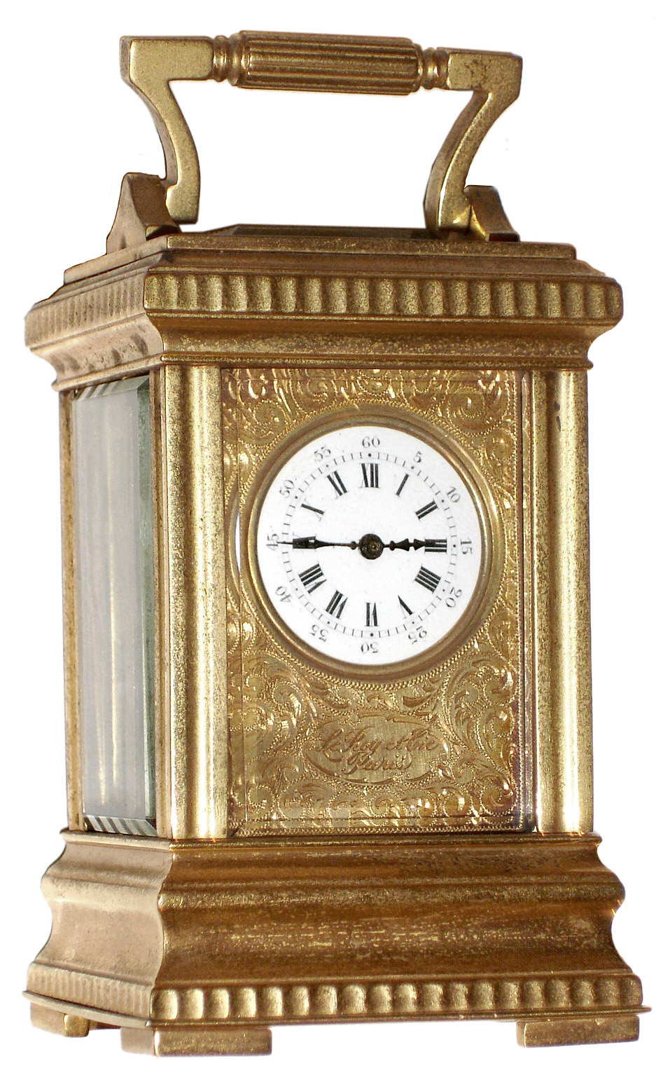 Le Roy and Cie, Paris miniature carriage clock, 8 day, time only, spring driven movement with lever platform escapement in Anglaise case with white enamel dial and finely engraved mask containing maker's signature, c1890 — Antique Clocks Price Guide