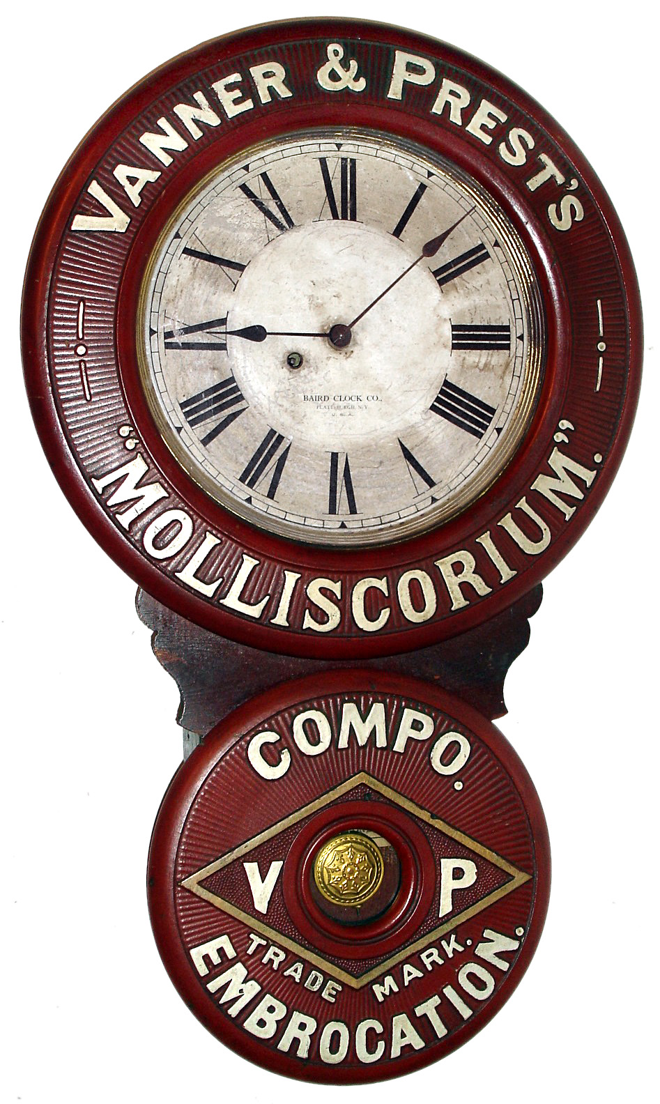 Baird Clock, Co., Plattsburgh, NY, advertising timepiece for Vanner and Prest's Molliscorium with 8 day, time only, spring driven movement in soft wood case with painted paper mache door fronts and paper over metal dial, c1890 — Antique Clocks Price Guide