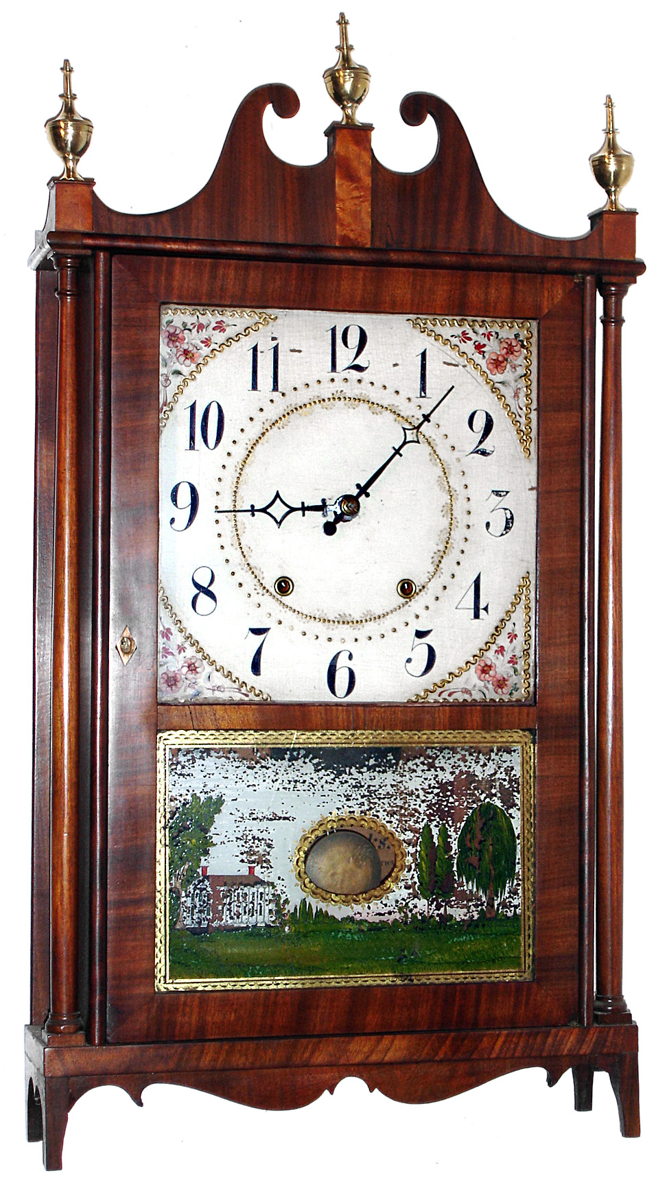 Eli Terry, Plymouth, Conn., pillar and scroll clock, 30 hour, time and strike, weight driven wooden works movement in mahogany veneer case with painted wooden dial and reverse painted lower tablet, c1820 — Antique Clocks Price Guide