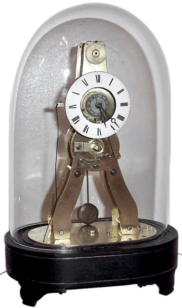 R. Holt and Cie, Paris, France miniature skeleton clock for the English market, 8 day, time and alarm, spring driven movement introduced at the Great Exhibition of 1851 in London, signed on the dial and movement. Includes original glass dome on ebonized base, c1860 — Antique Clocks Price Guide