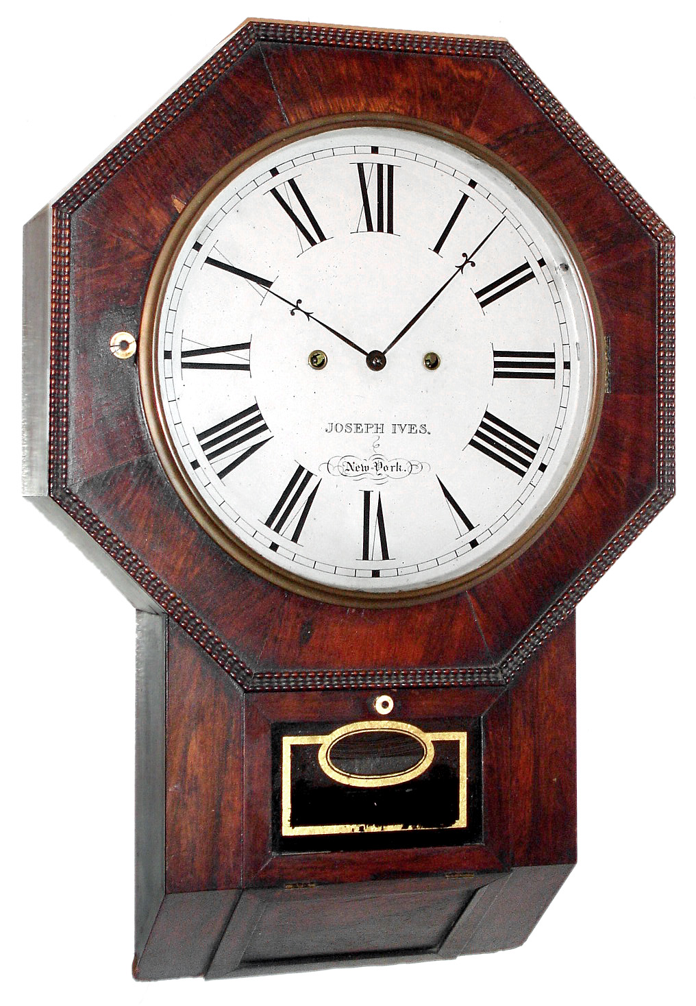 Atkins Clock Co., Bristol, Conn., "Octagon Drop XX Regulator" with type III (fancy frame) wagon spring, 30 day, time only movement in a rosewood veneered case with ripple molding around the top, c1855 — Antique Clocks Price Guide