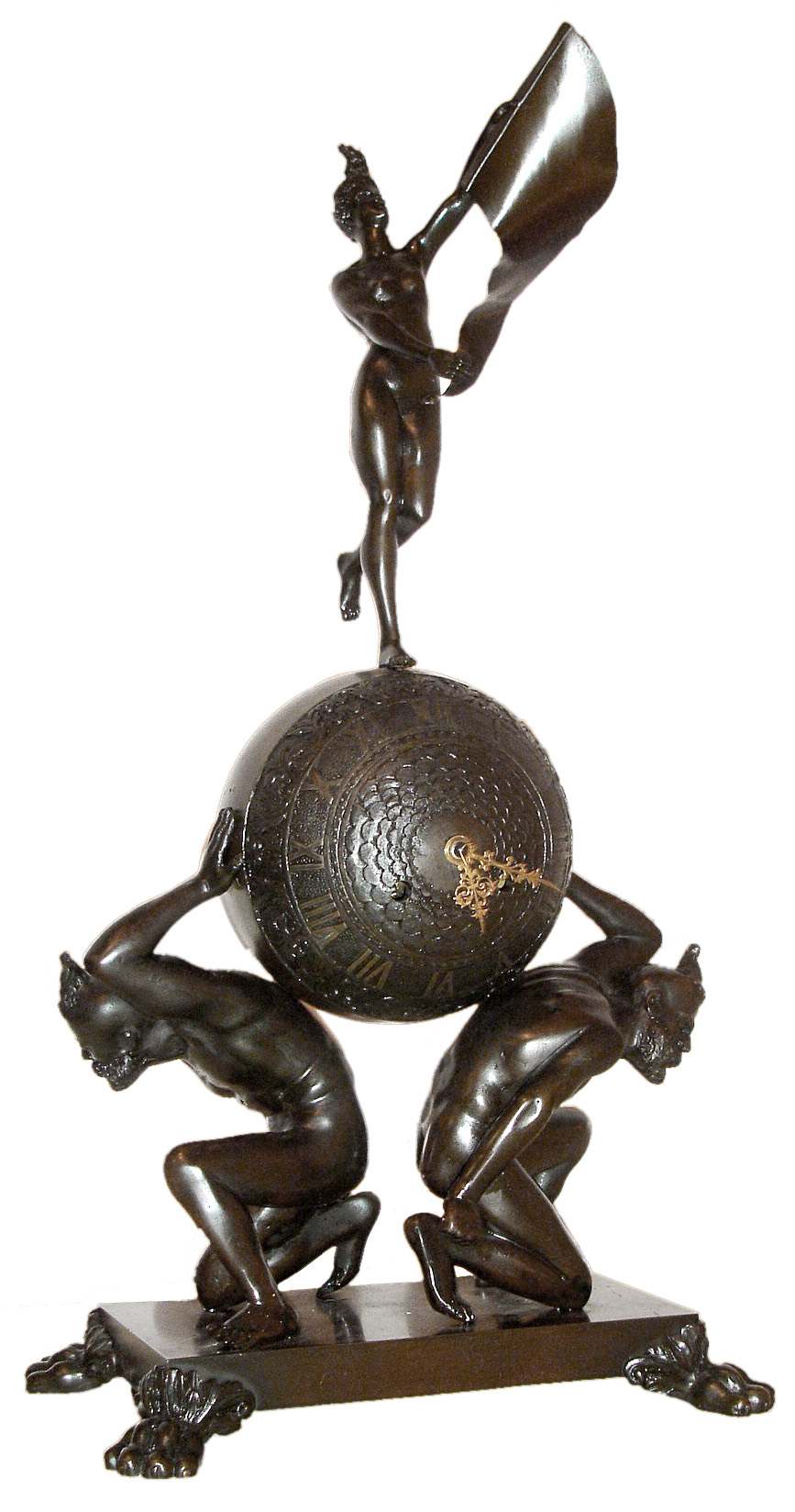 French bronze figural clock, "Lady Liberty", 8 day, time and strike, spring driven movement with platform escapement all on a marble base (not pictured), c1900 — Antique Clocks Price Guide