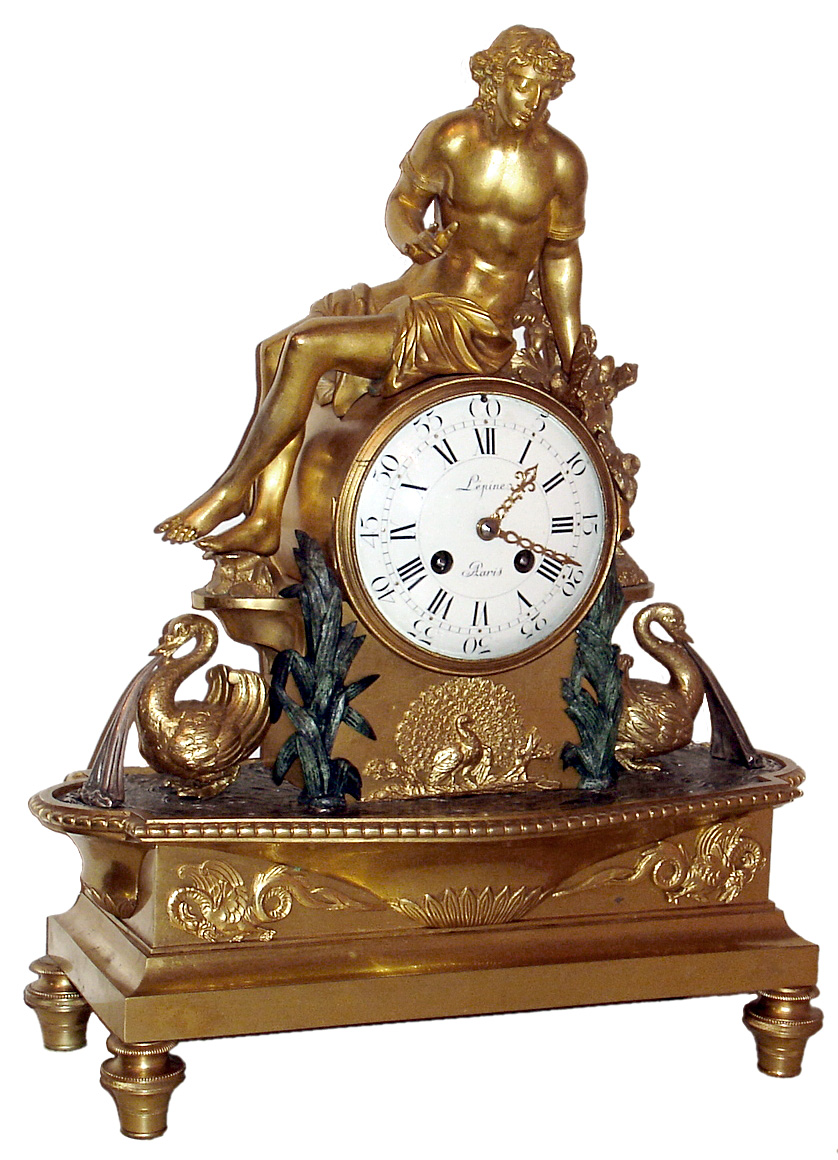 Lepine, Paris, France figural clock, 8 day, time and bell strike, spring driven movement in gilt ormolu case with seated figure surmounting 10" white enamel dial, a peacock and two swans with turned feet, c1880 — Antique Clocks Price Guide