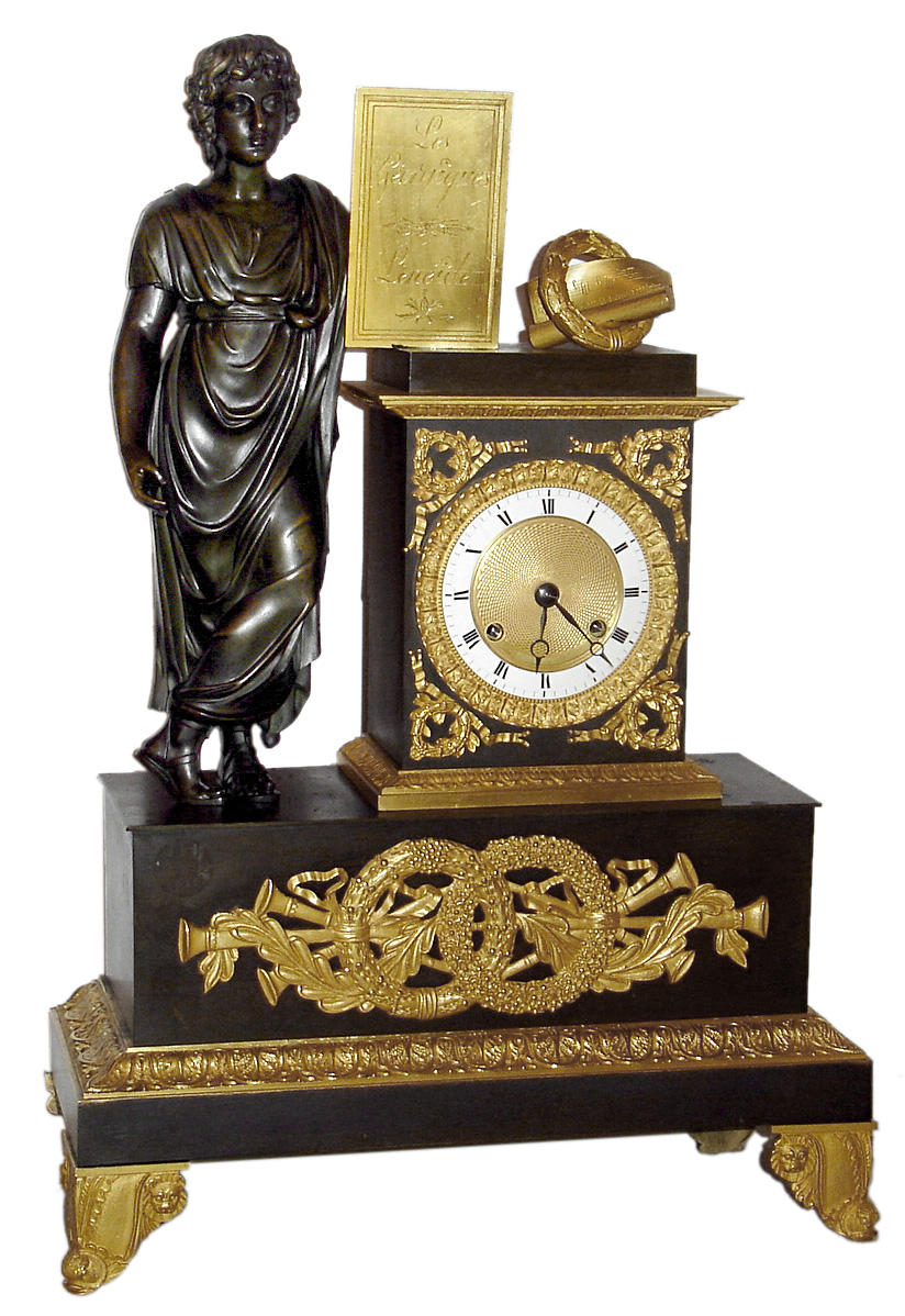 French bronze and ormolu figural mantel clock, 8 day, silk thread suspension, time and bell strike, spring driven movement with unusual automatic beat adjustment designed to keep the pallets centered by gravity on the pallet arbor in well patinated case with Roman figure holding tablet with the title of Virgil's works, accented with ormolu appliques and spandrels with a musical motif and a Roman numeral white enamel chapter ring, c1810 — Antique Clocks Price Guide