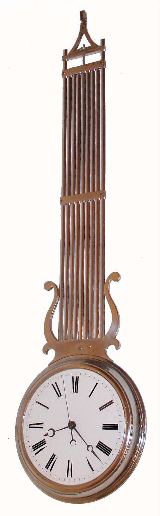 French mystery clock, "La Balancelle" double dialed shop window regulator 8 day, time only, spring driven movement in nickel plated grid iron pendulum form case with two white enamel dials, one with sweep seconds and the other without, c1850 — Antique Clocks Price Guide
