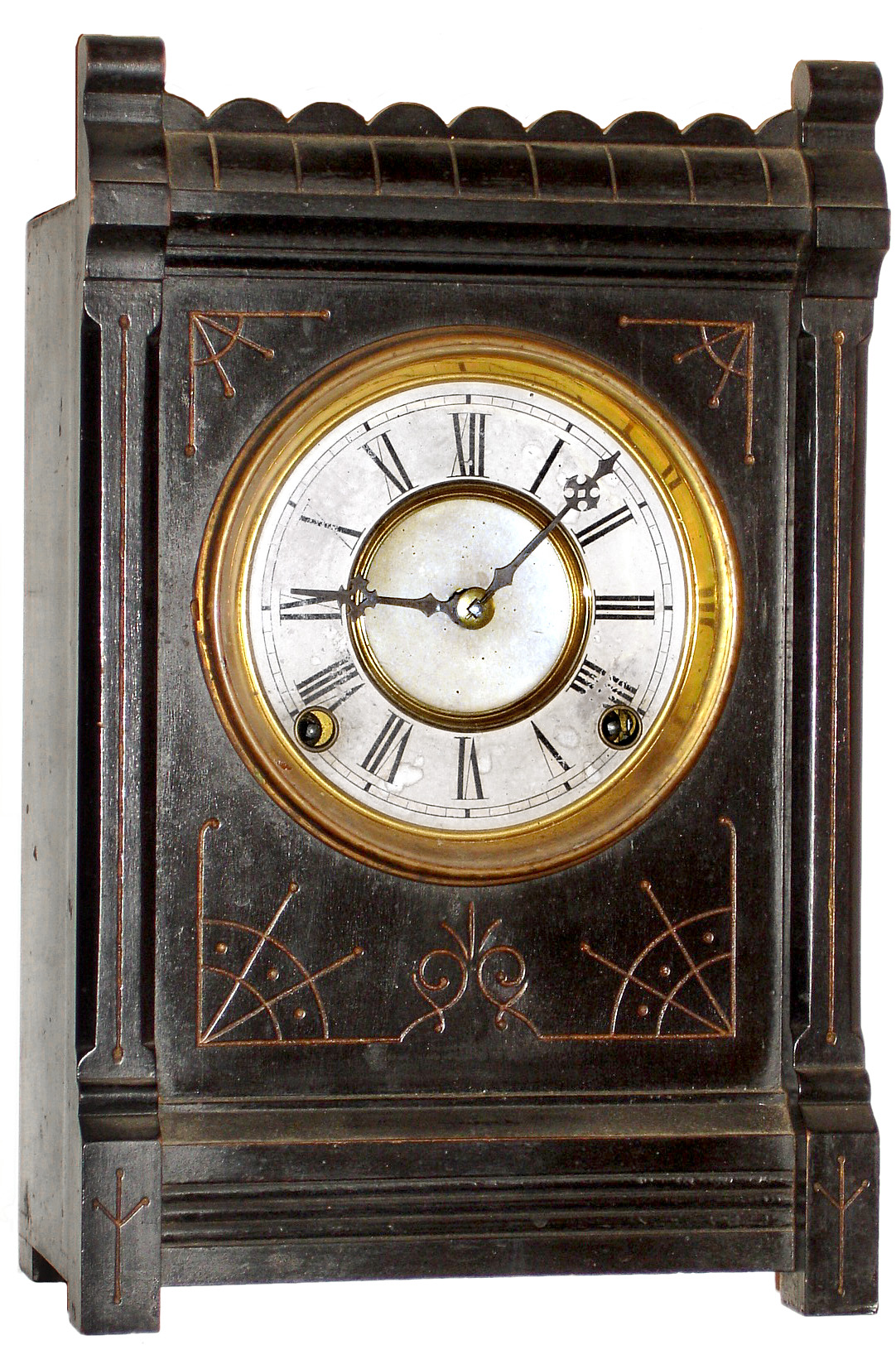 F. Kroeber, New York, "Cabinet No. 1" mantel clock, 8 day, time and strike, spring driven movement in ebonized soft wood case with papered metal dial, c1880 — Antique Clocks Price Guide