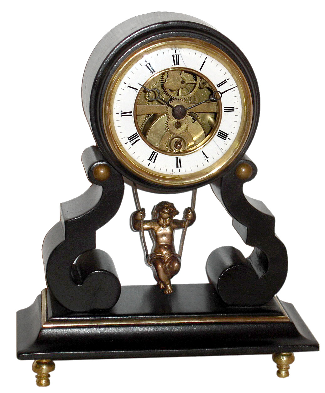 French swinging doll table clock, 8 day, time only, spring driven movement in an onyx case with brass feet and a white enamel chapter ring with exposed movement, c1890 — Antique Clocks Price Guide