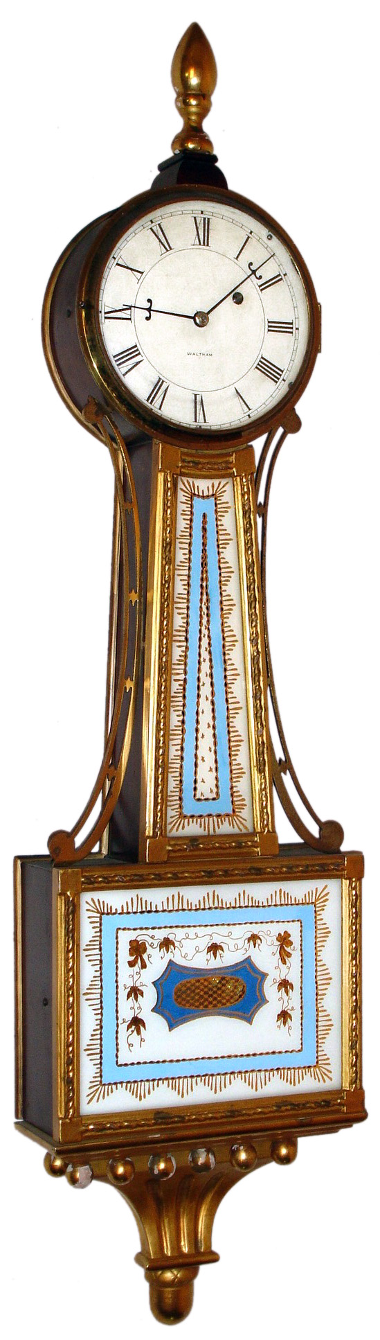 Waltham Clock Co., Waltham, Mass., "Banjo" time piece, 8 day, time only, weight driven E. Howard and Co. movement in a gold leafed presentation case with painted metal dial, reverse painted tablets and acorn finial, c1930 — Antique Clocks Price Guide