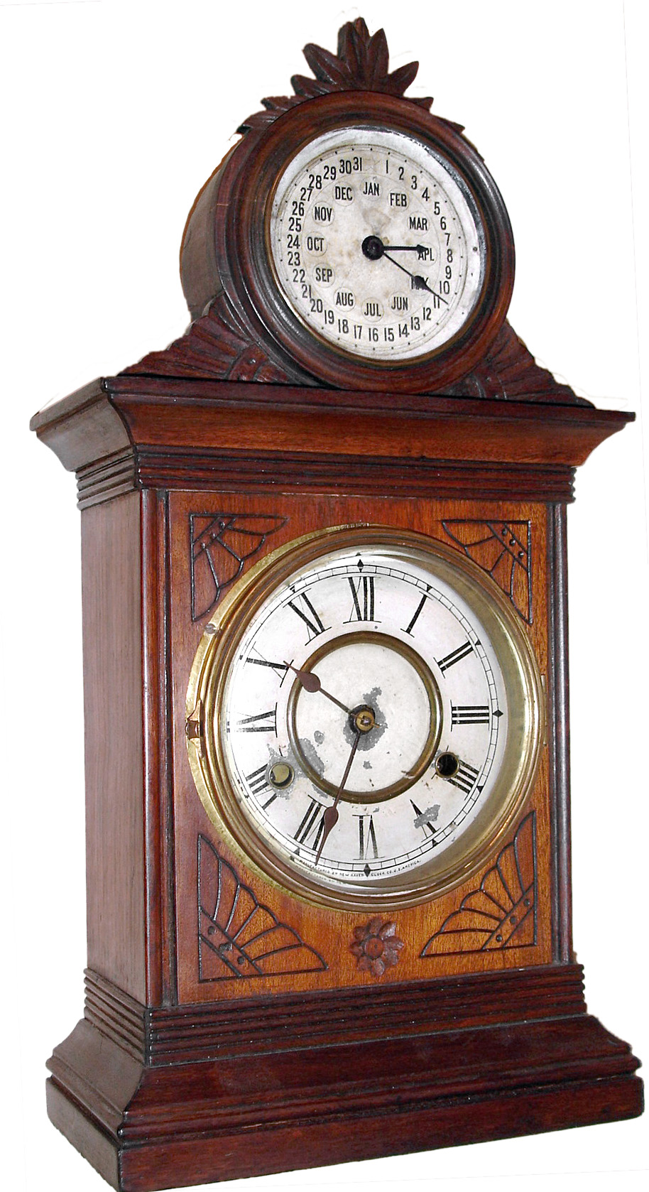 Jerome and Co., (New Haven Clock Co.) New Haven, Conn., "Cabinet No. 4" mantel calendar clock, 8 day, time and strike, perpetual calendar, spring driven movement in a mahogany case with a painted zinc dial, c1885 — Antique Clocks Price Guide