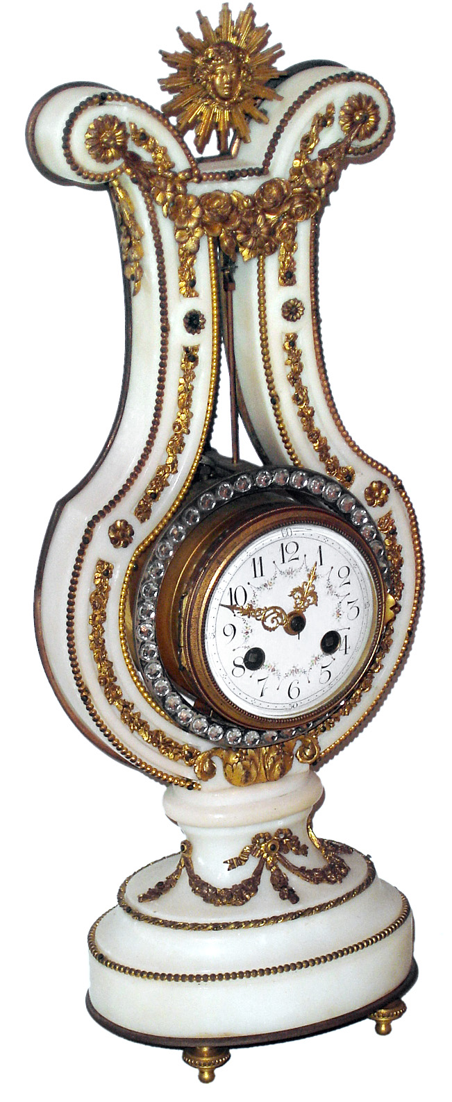 A.D. Mougin, France lyre form mantel clock with 8 day, time and bell strike, spring driven movement with complex pendulum, front ring decorated in pastes in marble and ormolu case, c1890 — Antique Clocks Price Guide