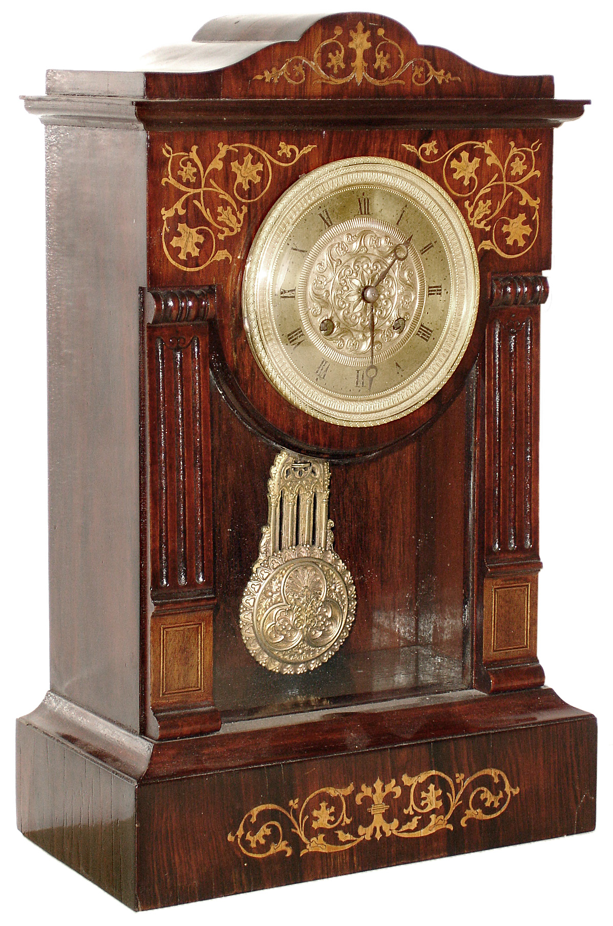 French Empire mantel clock, 8 day, time and bell strike, spring driven movement with knife edge suspension and fancy pendulum in a mahogany with inlay and brass dial with embossed center and fancy cast brass bezel, c1830 — Antique Clocks Price Guide