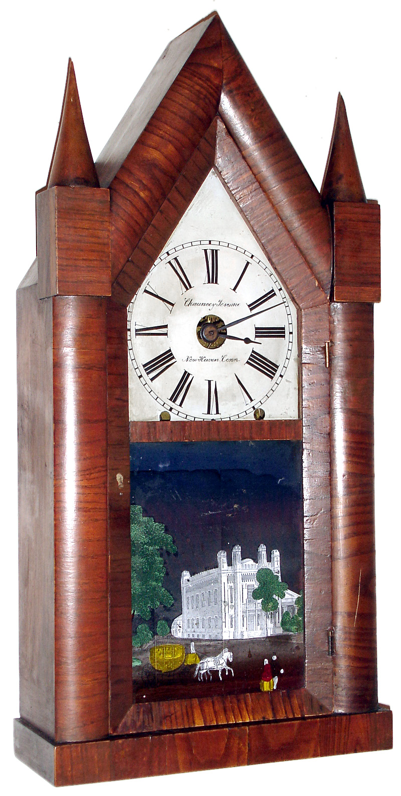 Chauncey Jerome, New Haven, Conn., 8 day, time and strike, oversize fusee steeple clock, c1855 — Antique Clocks Price Guide