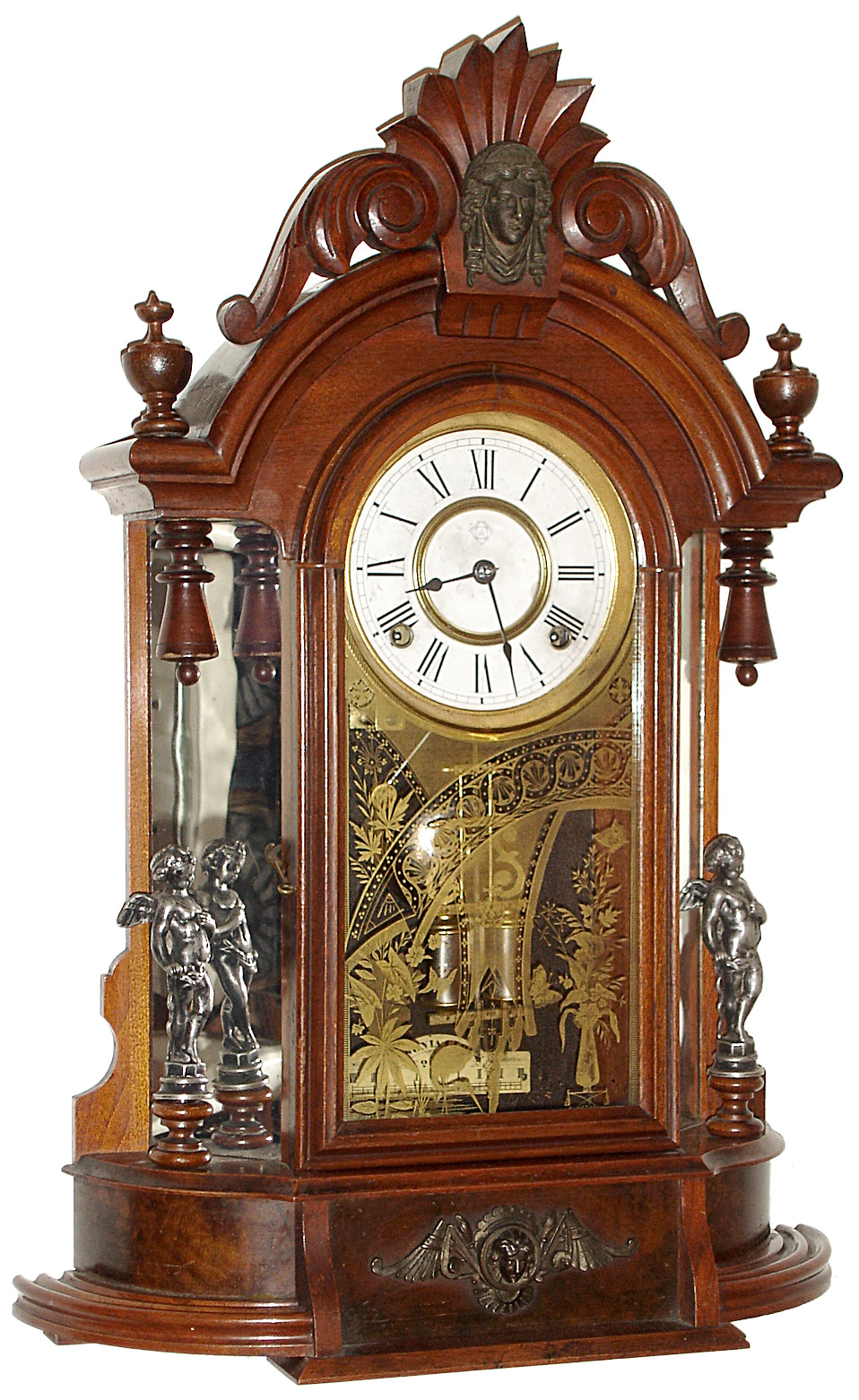 Ansonia Clock Co., Ansonia, Conn., "Triumph", 8 day, time and strike, mirror side mantel clock, in walnut c1880 — Antique Clocks Price Guide